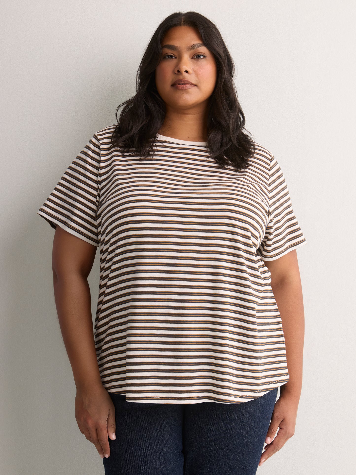 Curvy-Fit White Rugby Striped Short-Sleeve Crew-Neck Tee