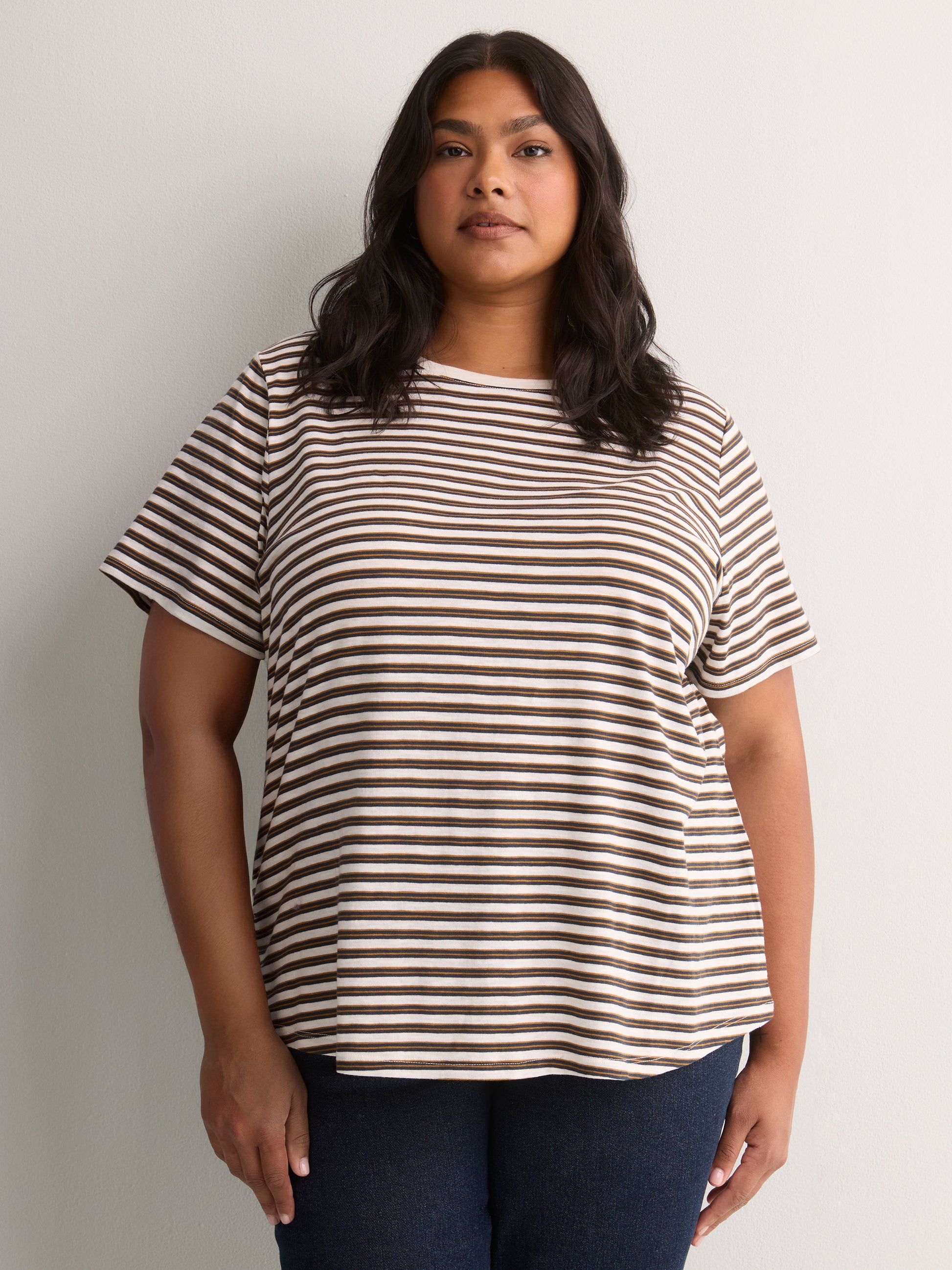 Curvy-Fit White Rugby Striped Short-Sleeve Crew-Neck Tee