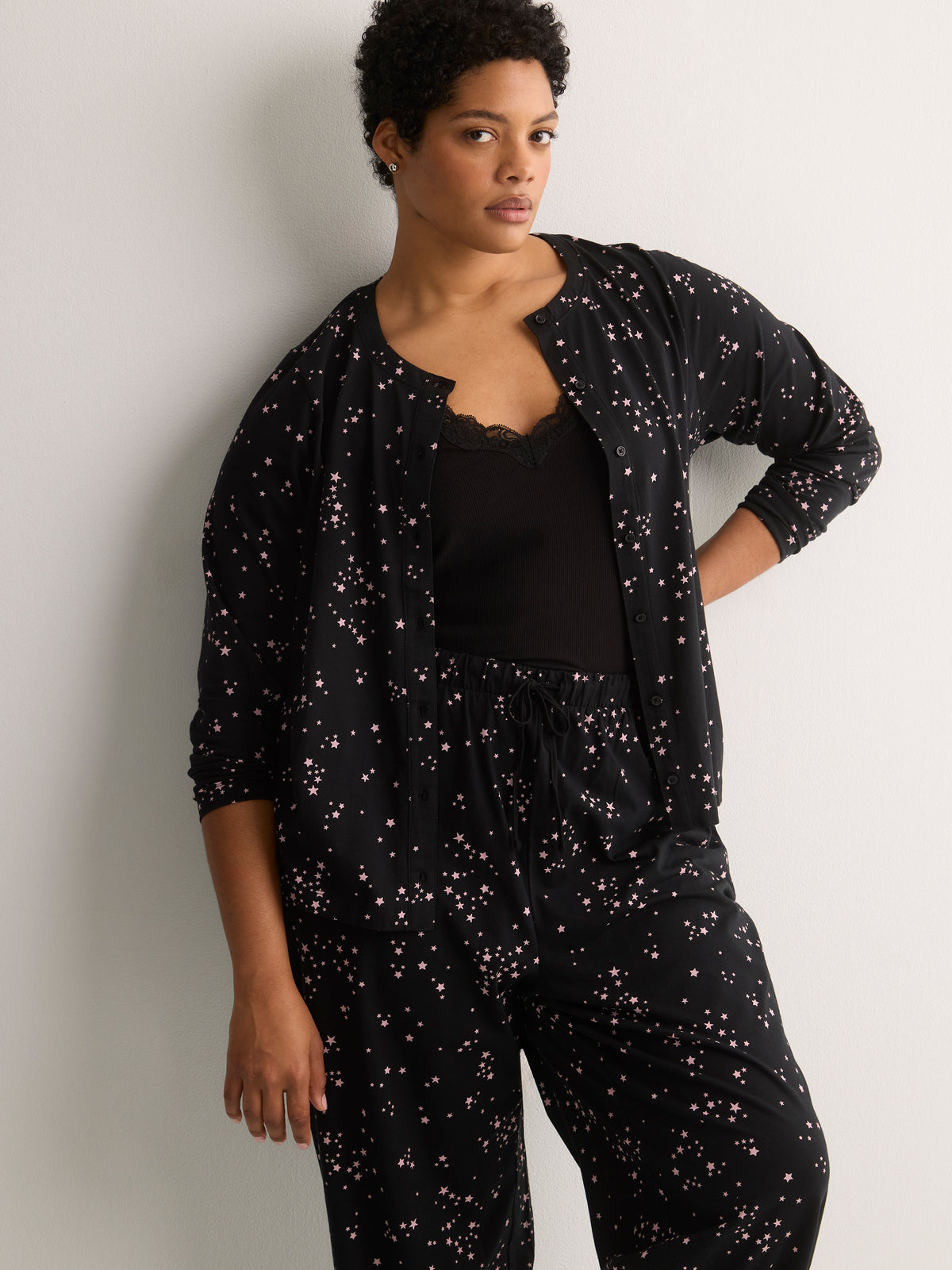 Black Star-Print Cotton Knit Wide-Leg Pyjama Pant - tiVOGLIO