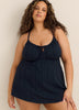 Navy Blue Eyelet-Textured Front-Tie Swim Dress