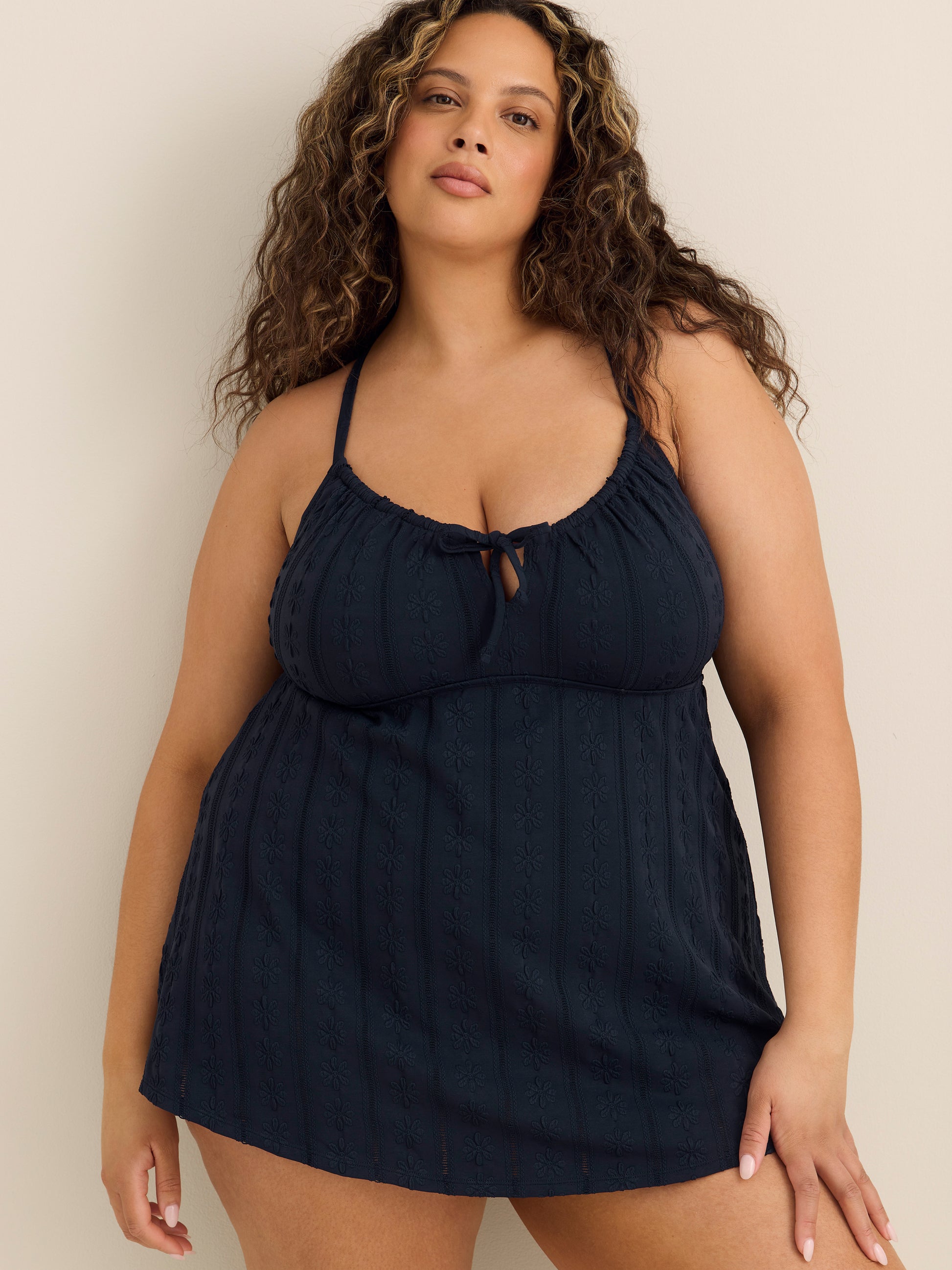 Navy Blue Eyelet-Textured Front-Tie Swim Dress