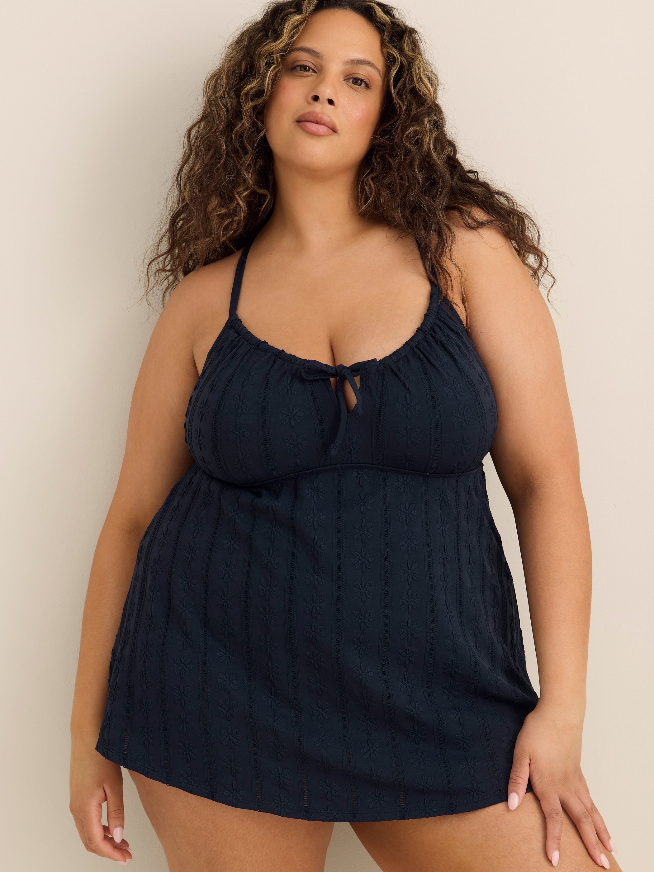 Navy Blue Eyelet-Textured Front-Tie Swim Dress
