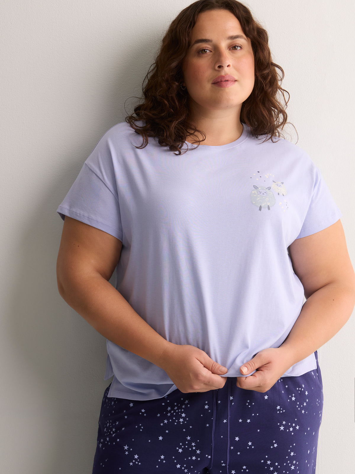 Blue Boxy-Fit Cotton Knit Pyjama Top with Sheep Chest Print - tiVOGLIO