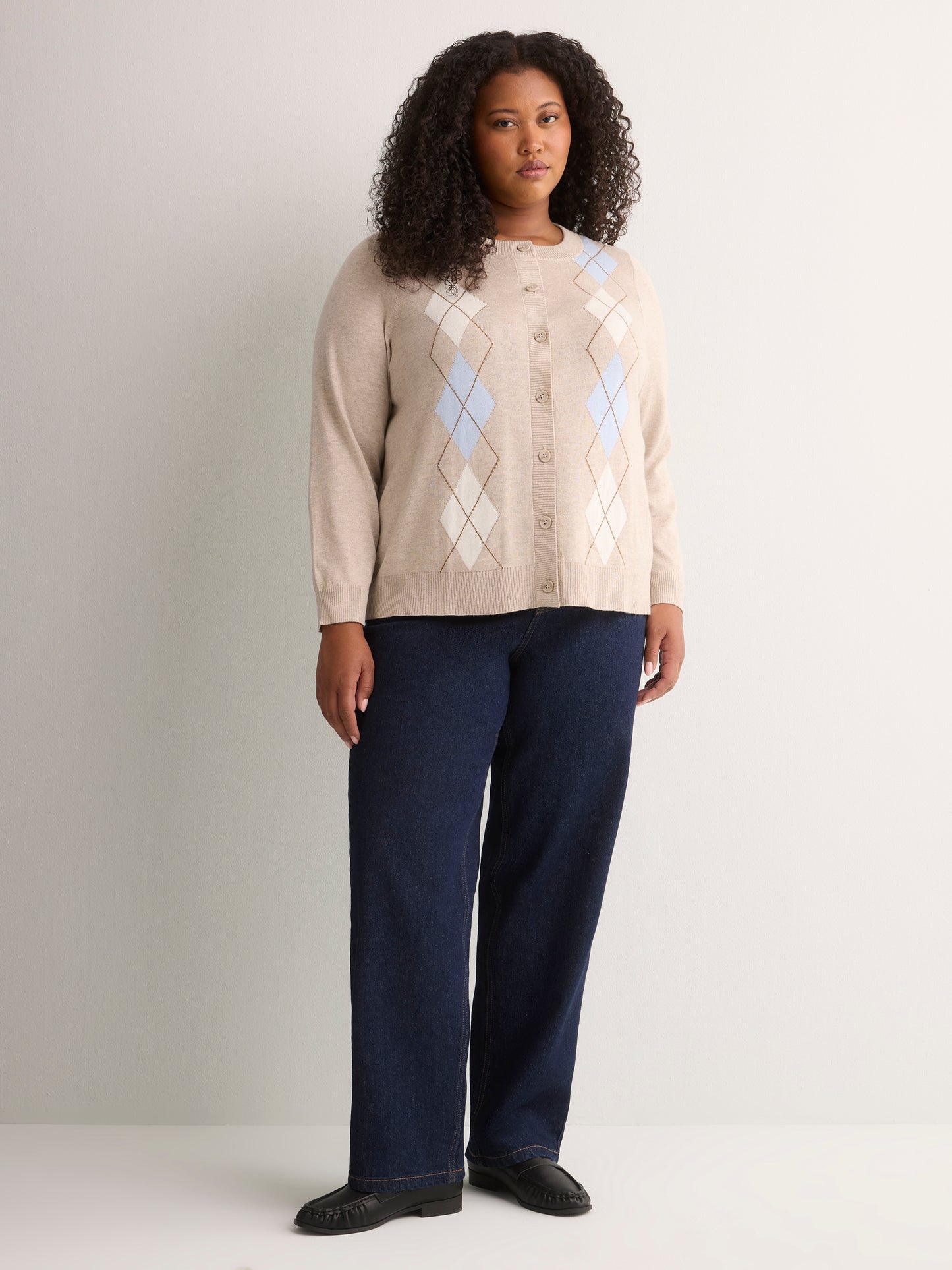 Cardigan boutonné à col rond en mélange de coton à motif argyle, tissu responsable