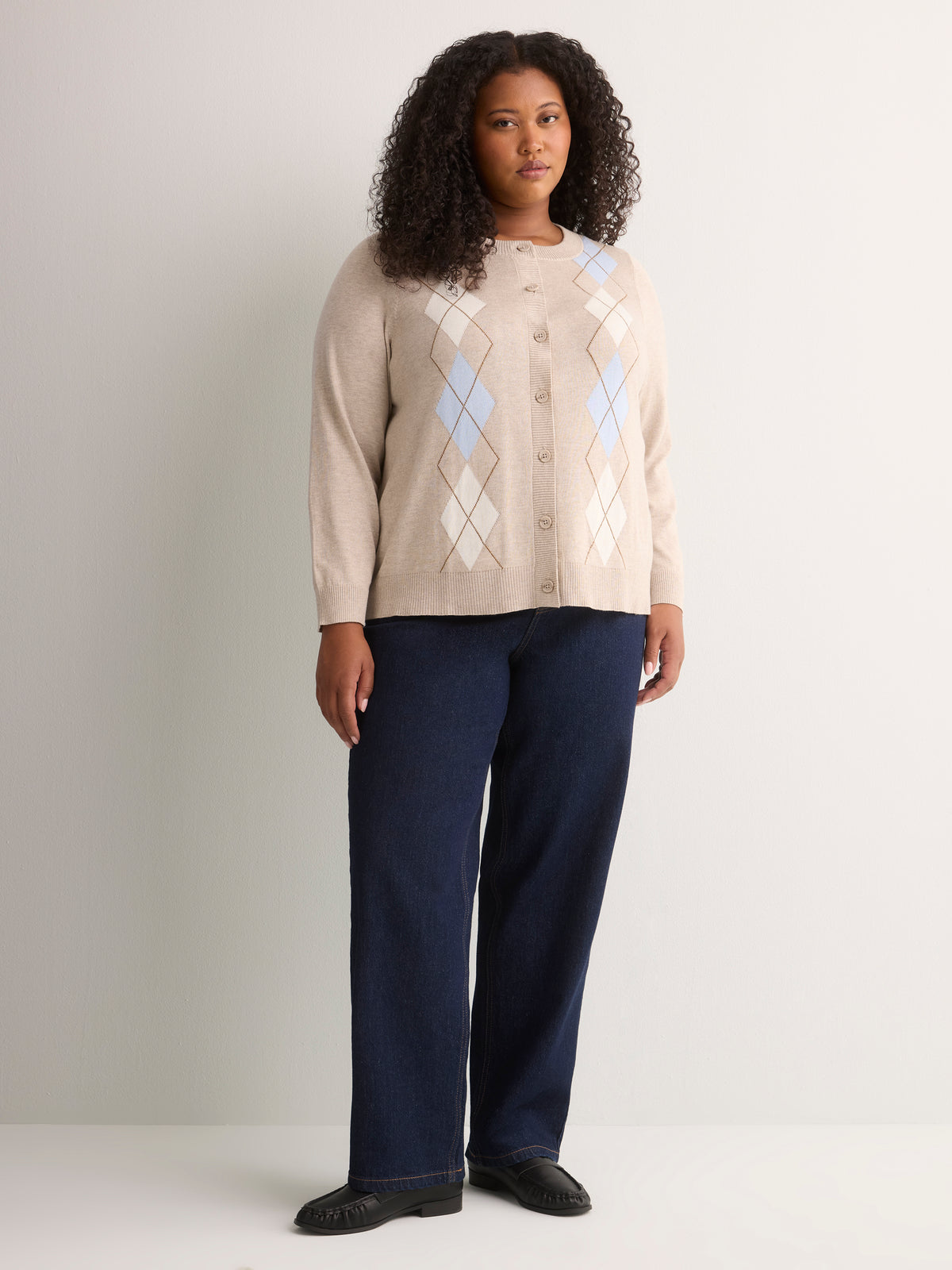 Responsible, Argyle Buttoned-Down Cotton Blend Crew Neck Cardigan