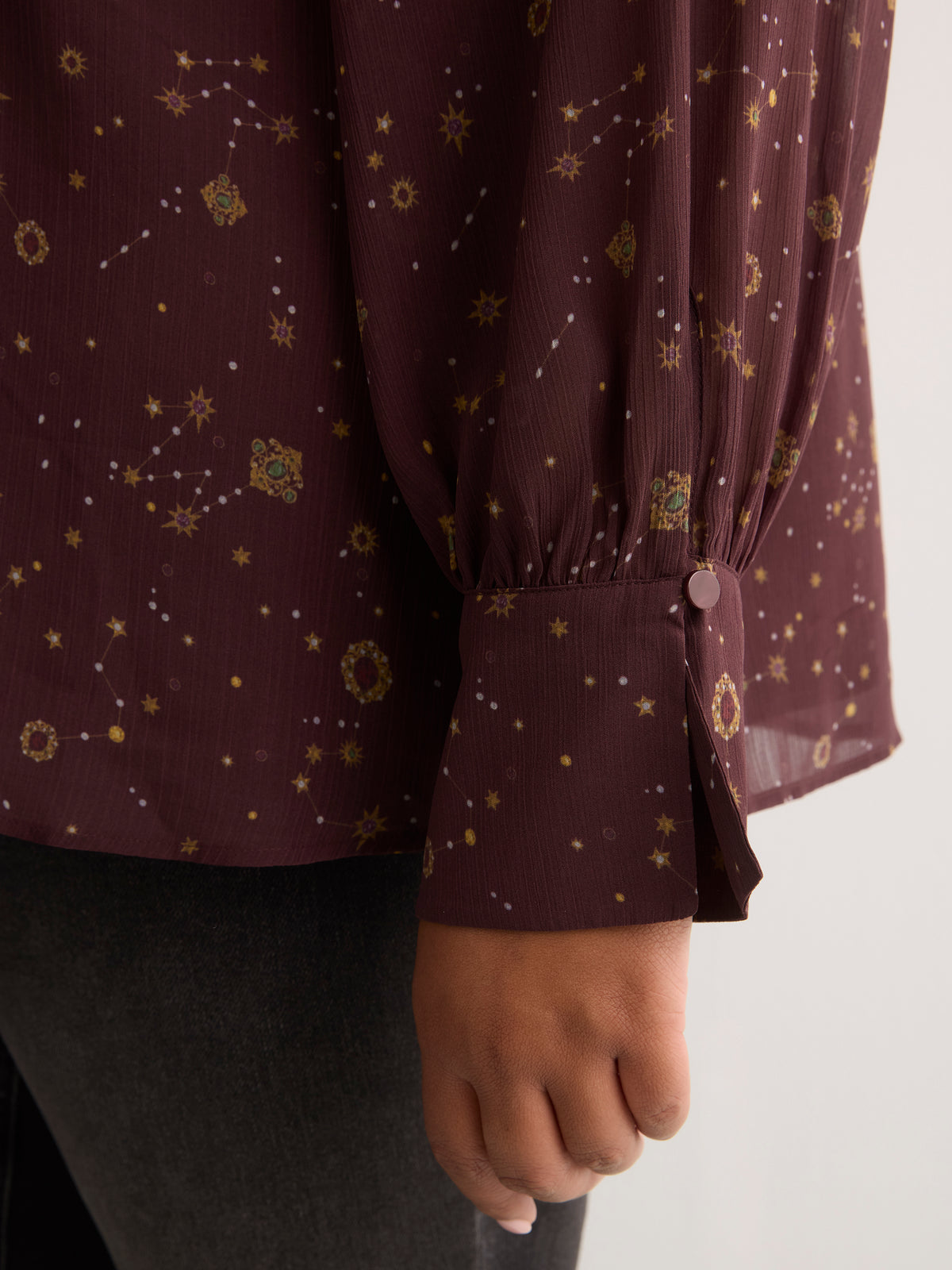 Chiffon Shirred Mock-Neck A-Line Blouse