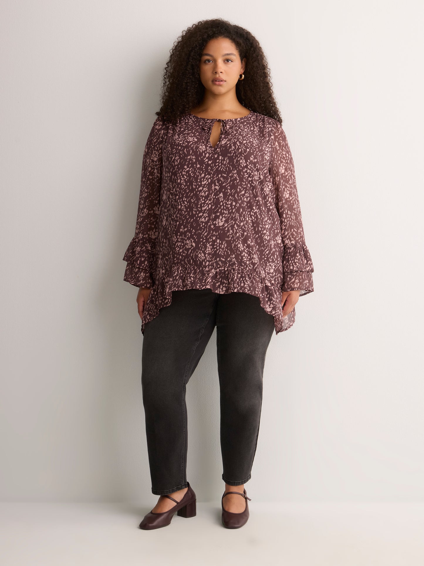 Split-Neck Long Flounce Sleeve Asymmetrical Blouse