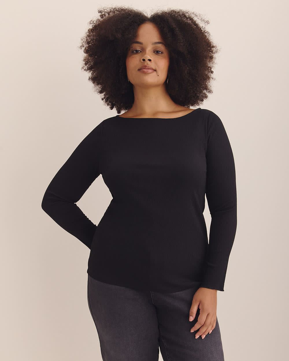 Boat-Neck Knit Top with Lettuce-Edge Sleeves - Addition Elle
