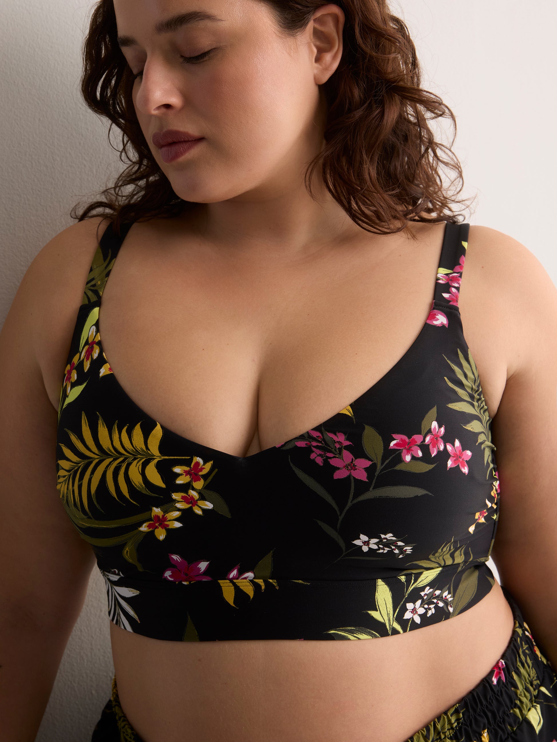 Black Floral Crop Bikini Top