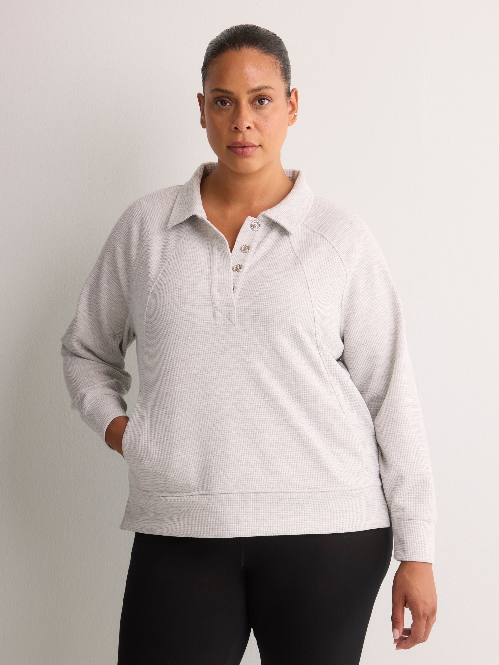 Fashion Flowy Waffle Knit Pullover with Collar - Active Zone