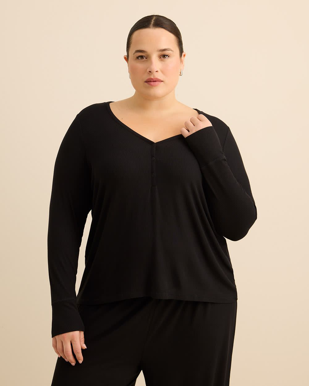 Haut de pyjama noir côtelé à encolure Henley - ti Voglio