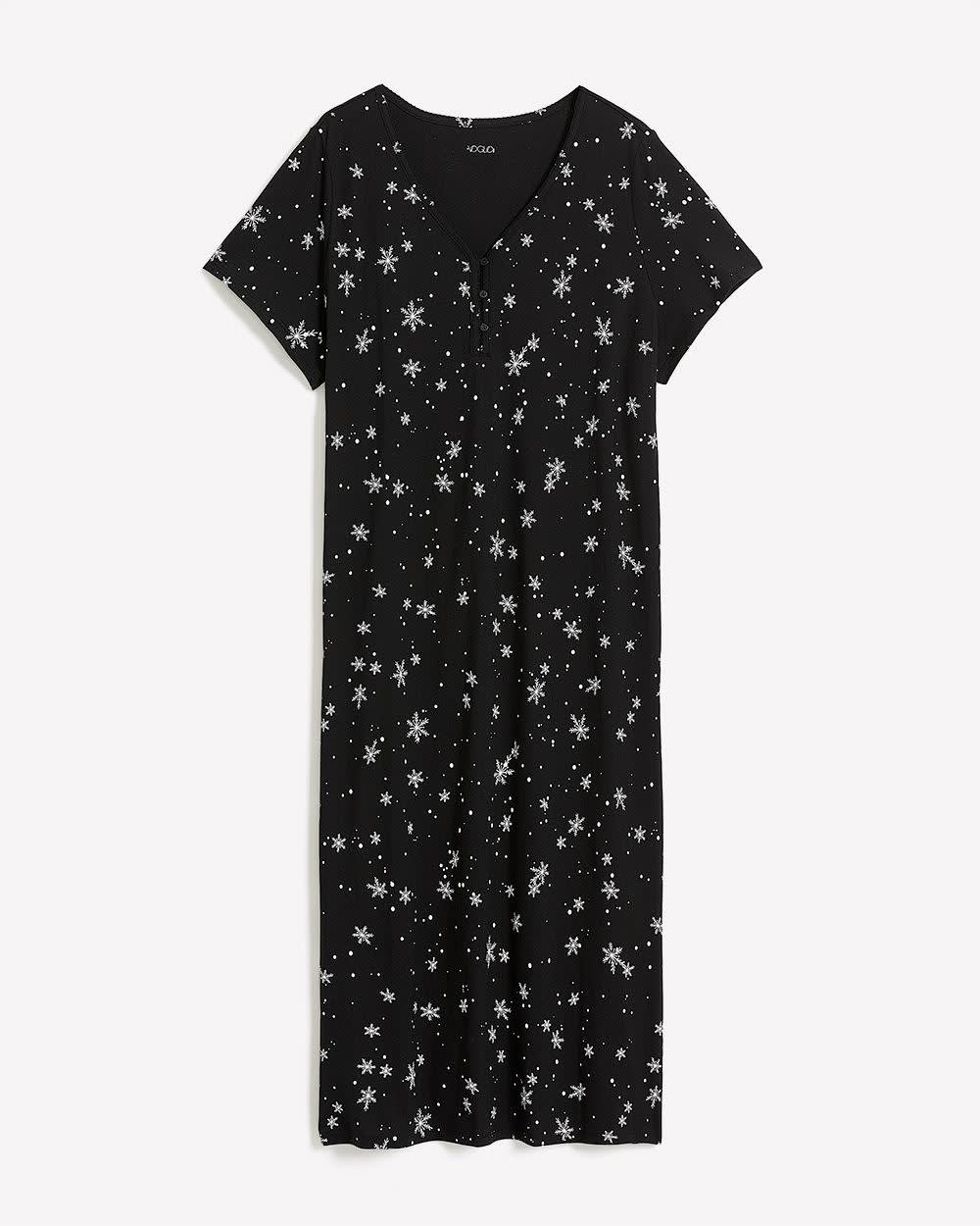 Black Snowflake-Print Long Short-Sleeve Sleepshirt - ti Voglio