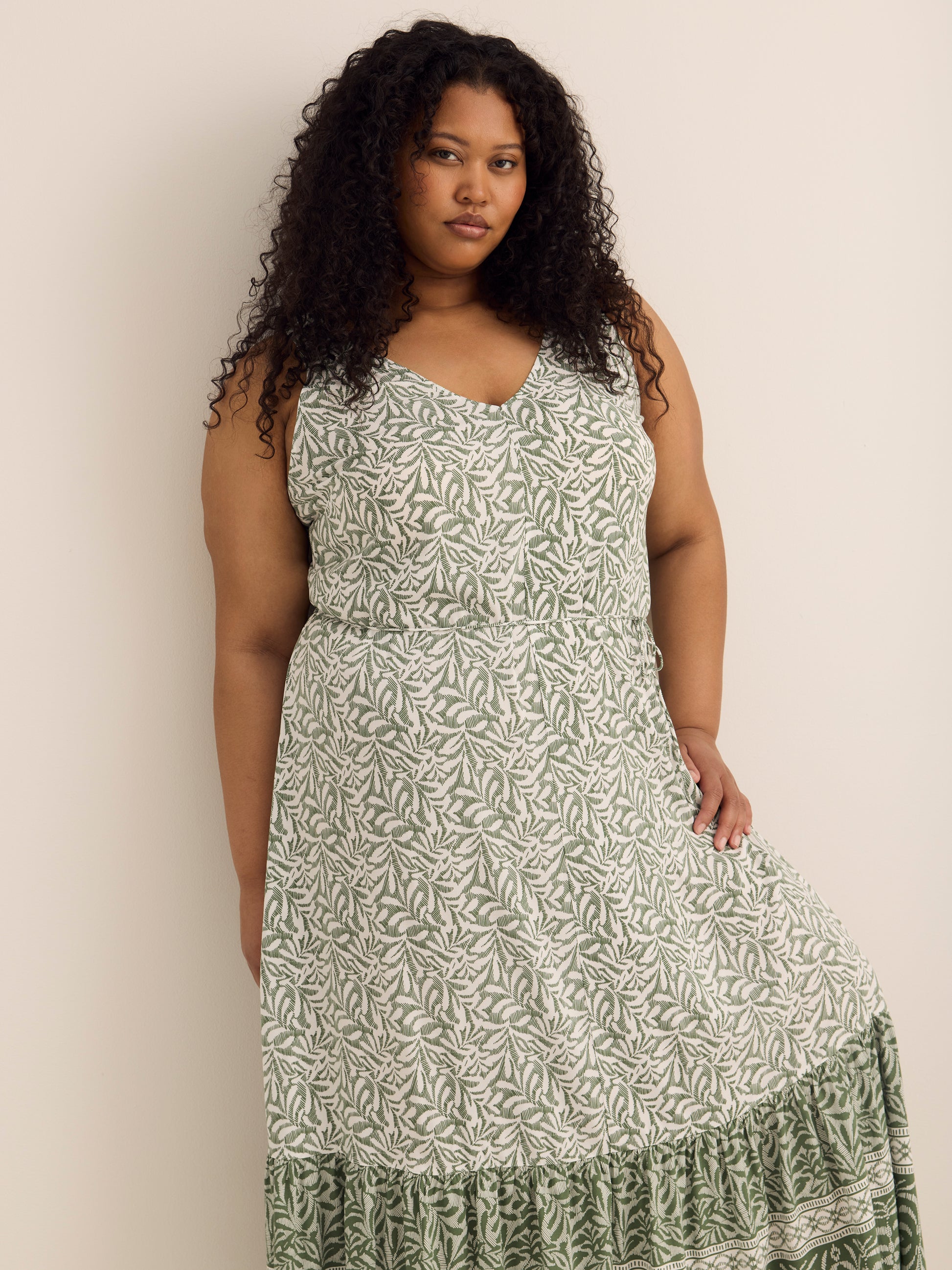 Responsible, V-Neck Sleeveless Tiered Maxi Dress with Tie Belt