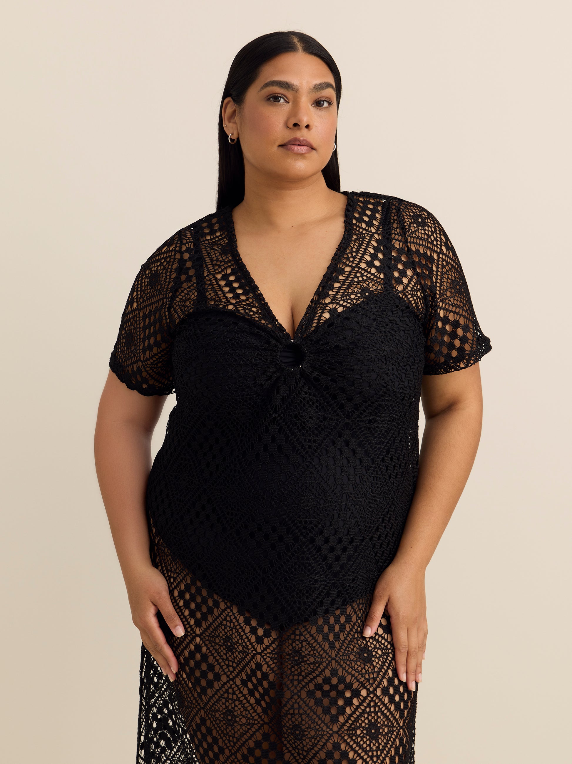 Long Crochet Knit Cover-Up Dress with Keyhole V-Neck - Cover Me
