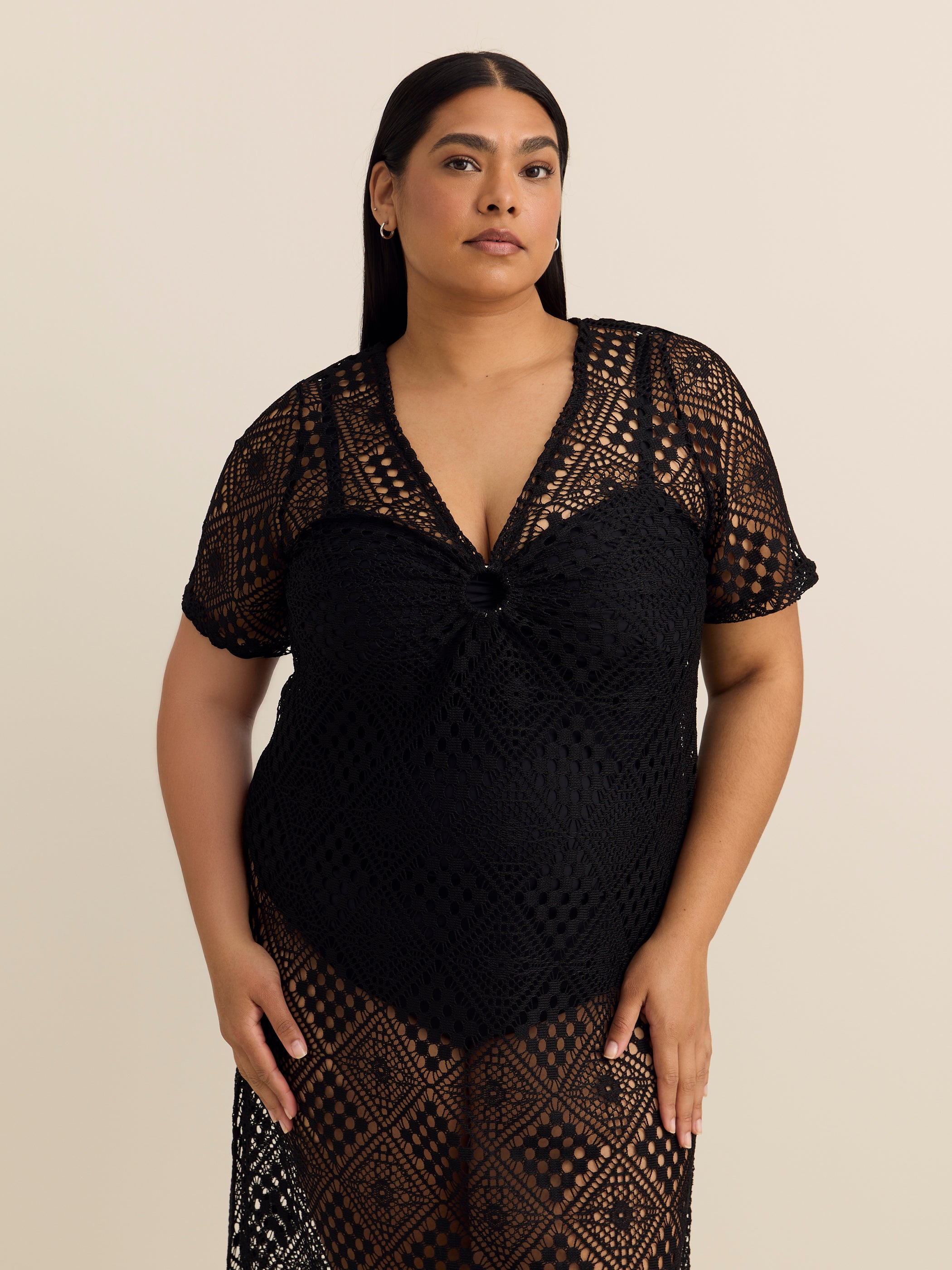 Long Crochet Knit Cover-Up Dress with Keyhole V-Neck - Cover Me