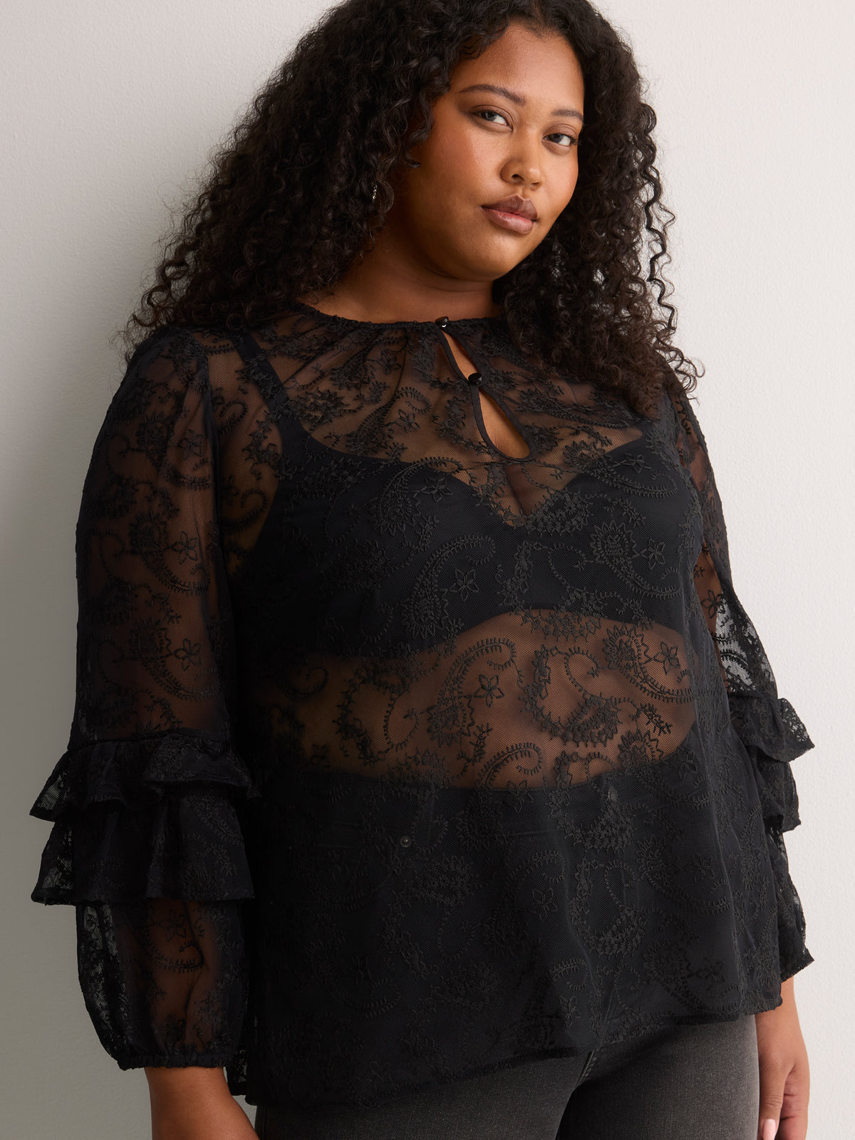 A-Line Mesh Blouse with Front Keyholes