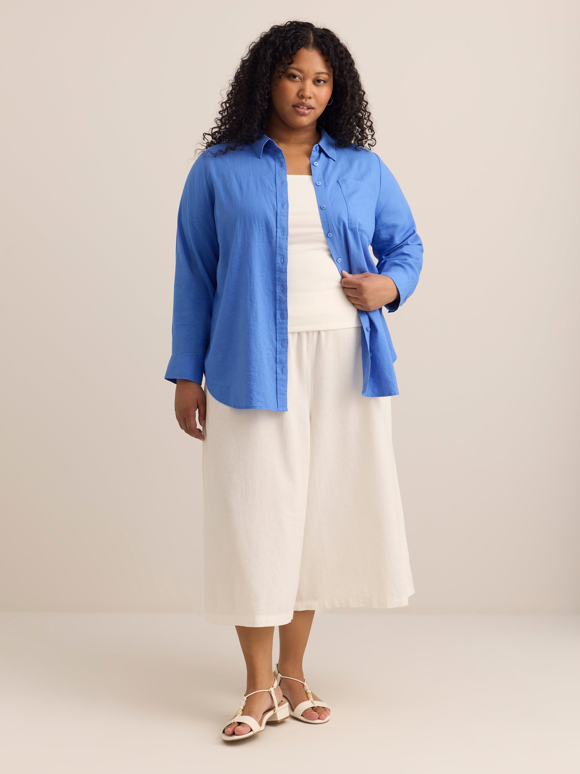 Linen-Blend Buttoned Down Tunic Shirt