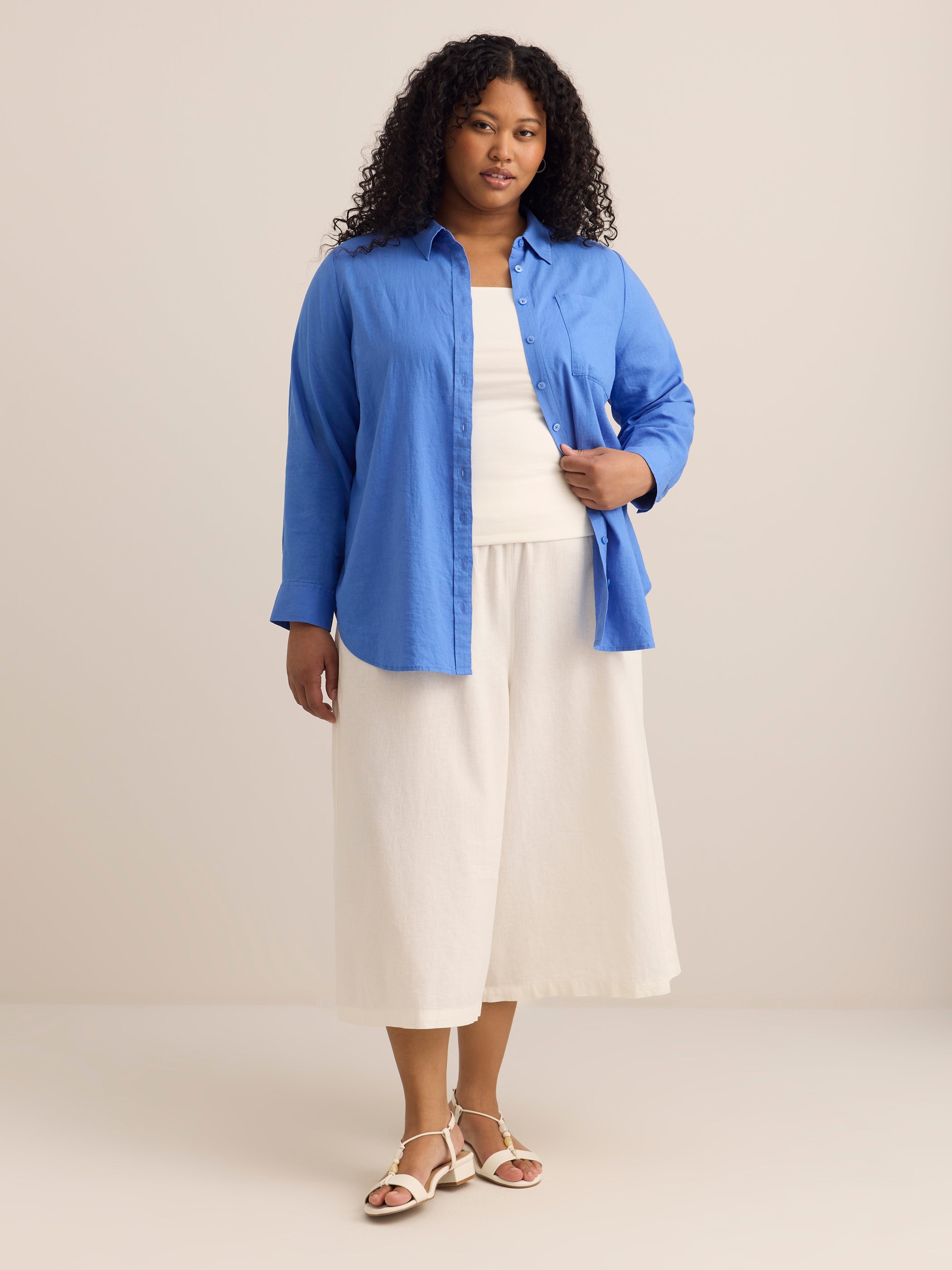 Linen-Blend Buttoned Down Tunic Shirt