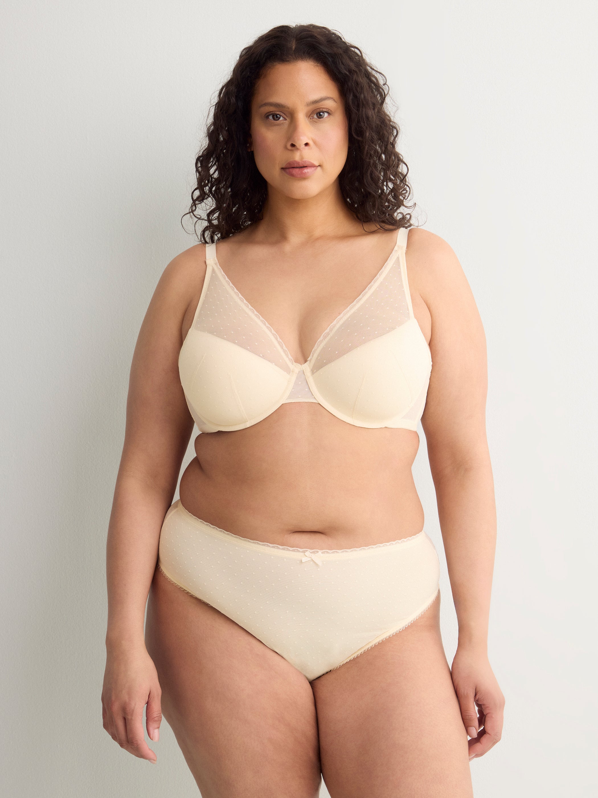 Grey Underwire Clip Dot Mesh Balconette Bra with Lace - Déesse Collection