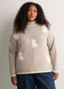 Beige Loose-Fit Mock-Neck Sweater with Embroidered Cats
