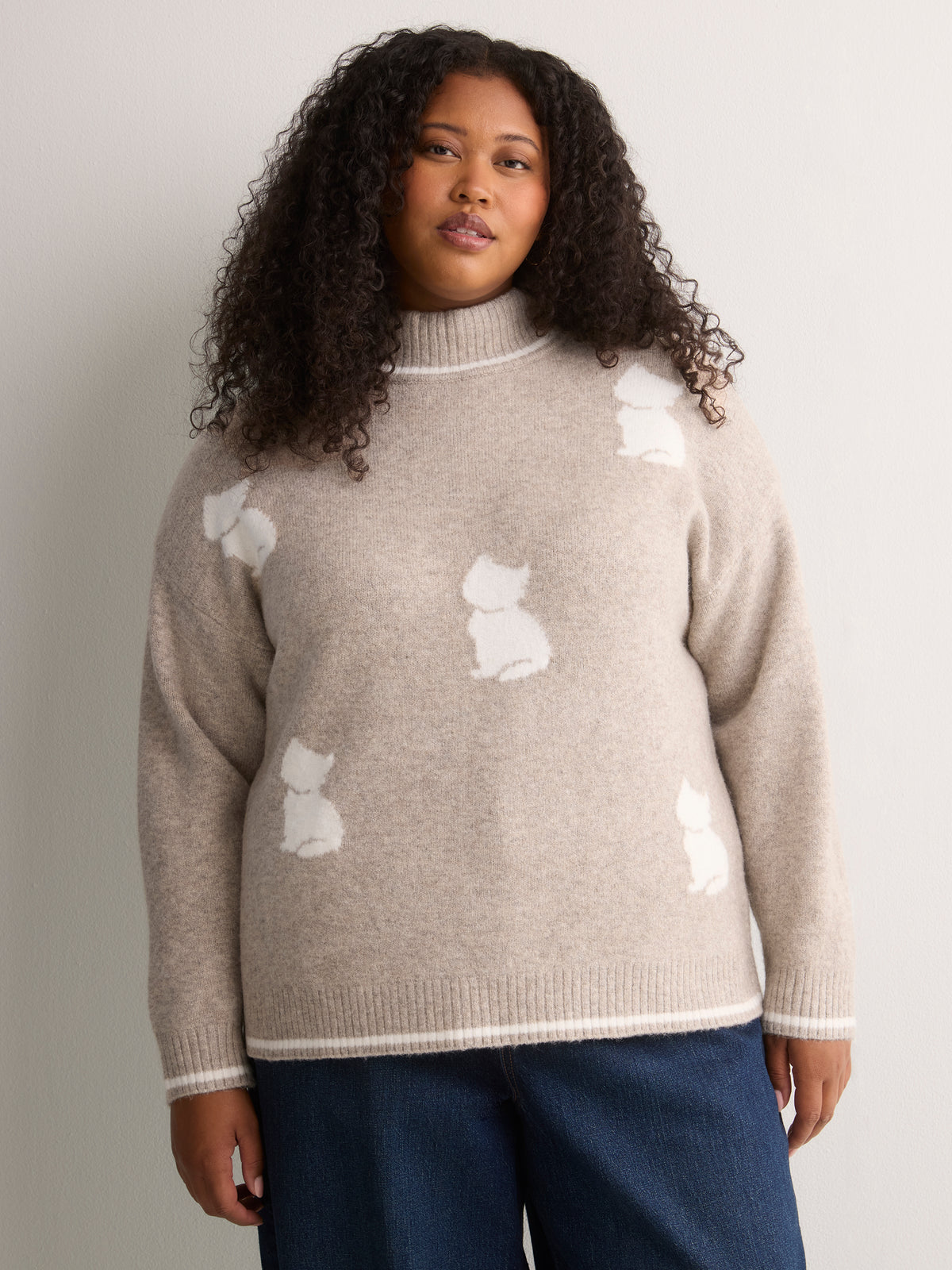 Beige Loose-Fit Mock-Neck Sweater with Embroidered Cats