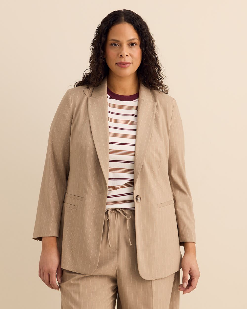 Beige Pinstripe Single-Breasted Blazer