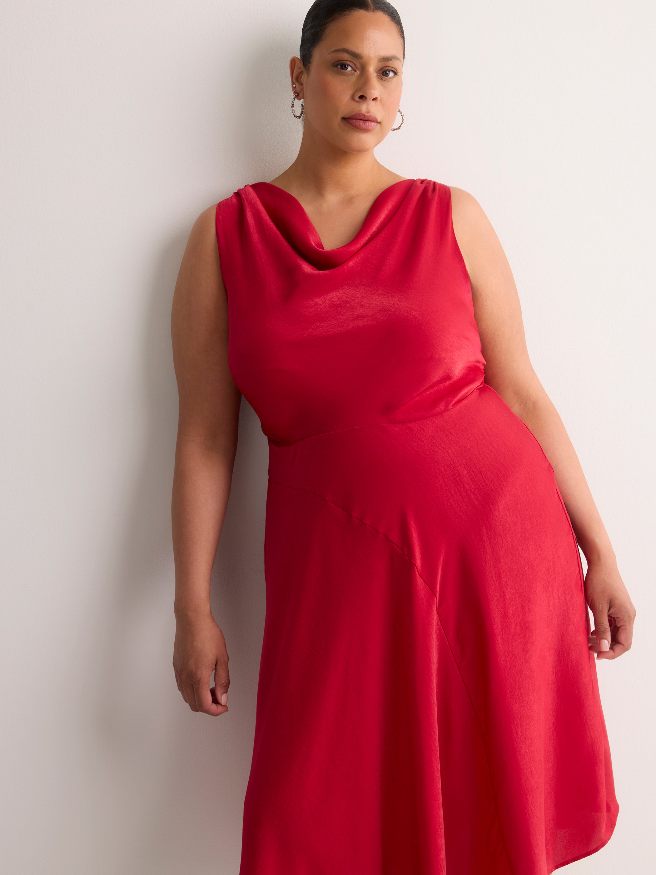 Asymmetric Satin Cocktail Midi Dress - Addition Elle