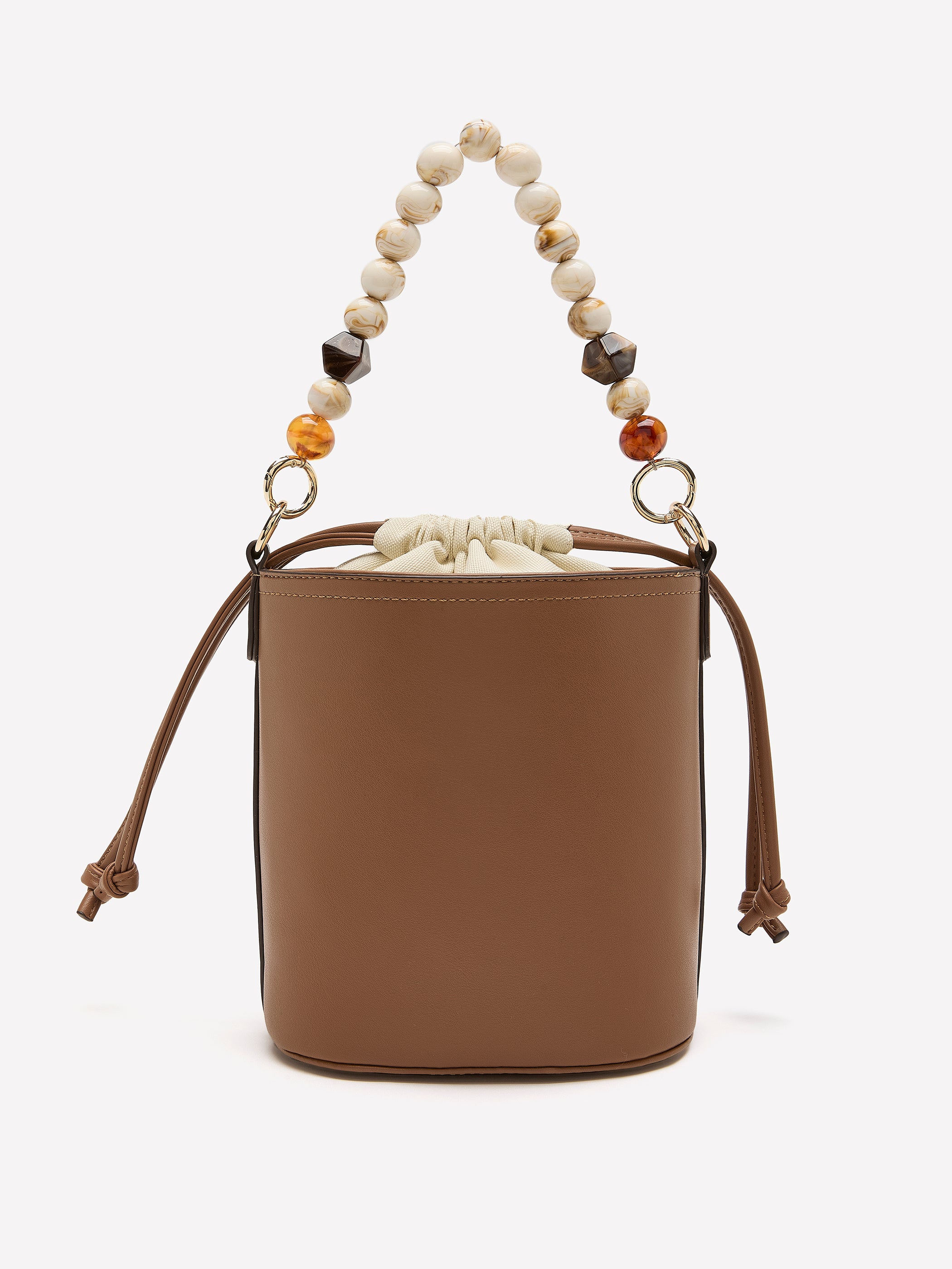 Polyurethane Crossbody Bucket Bag with Beaded Handle Women's Bag
