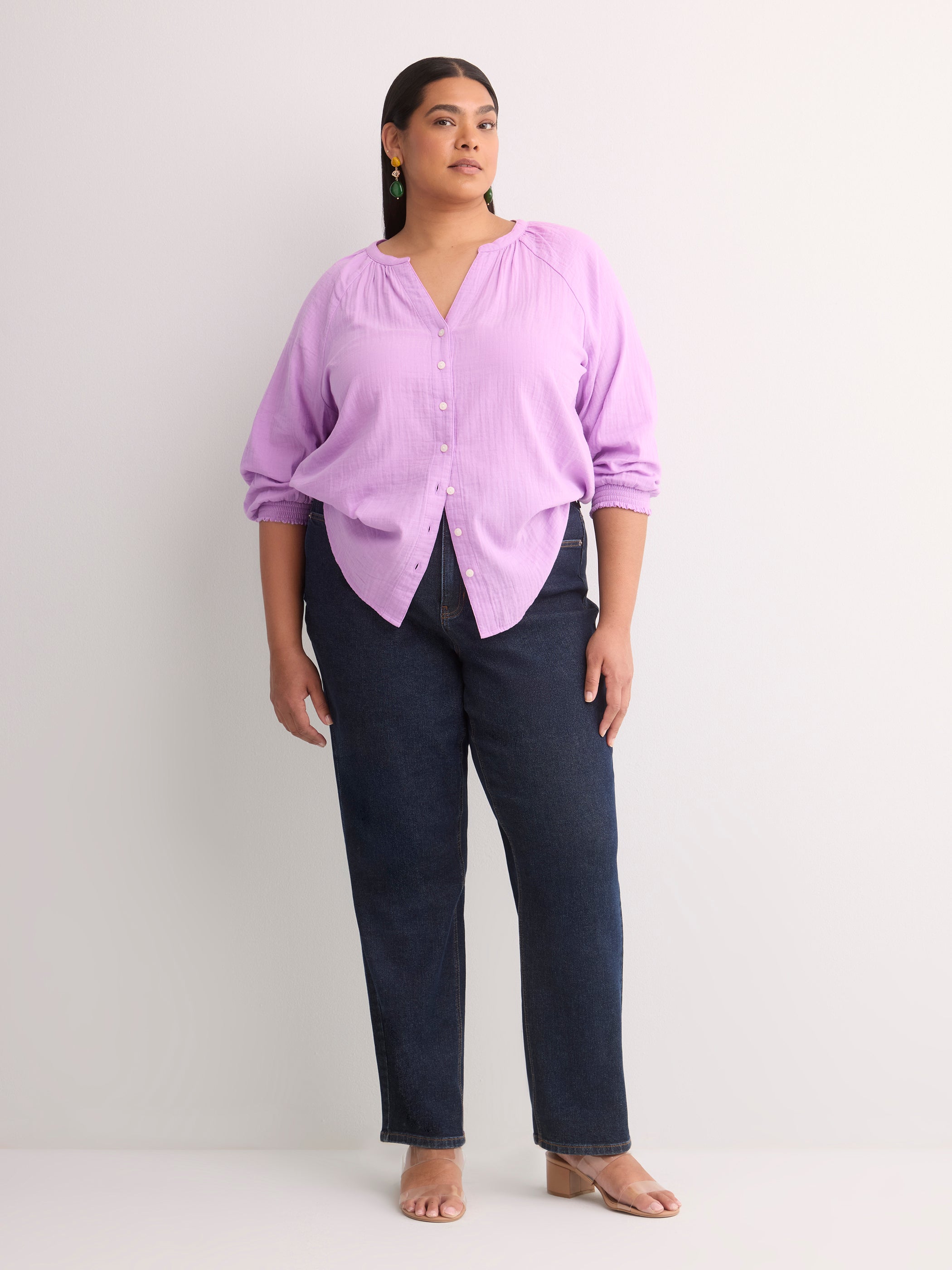 Cotton A-Line Notch-Neckline Blouse