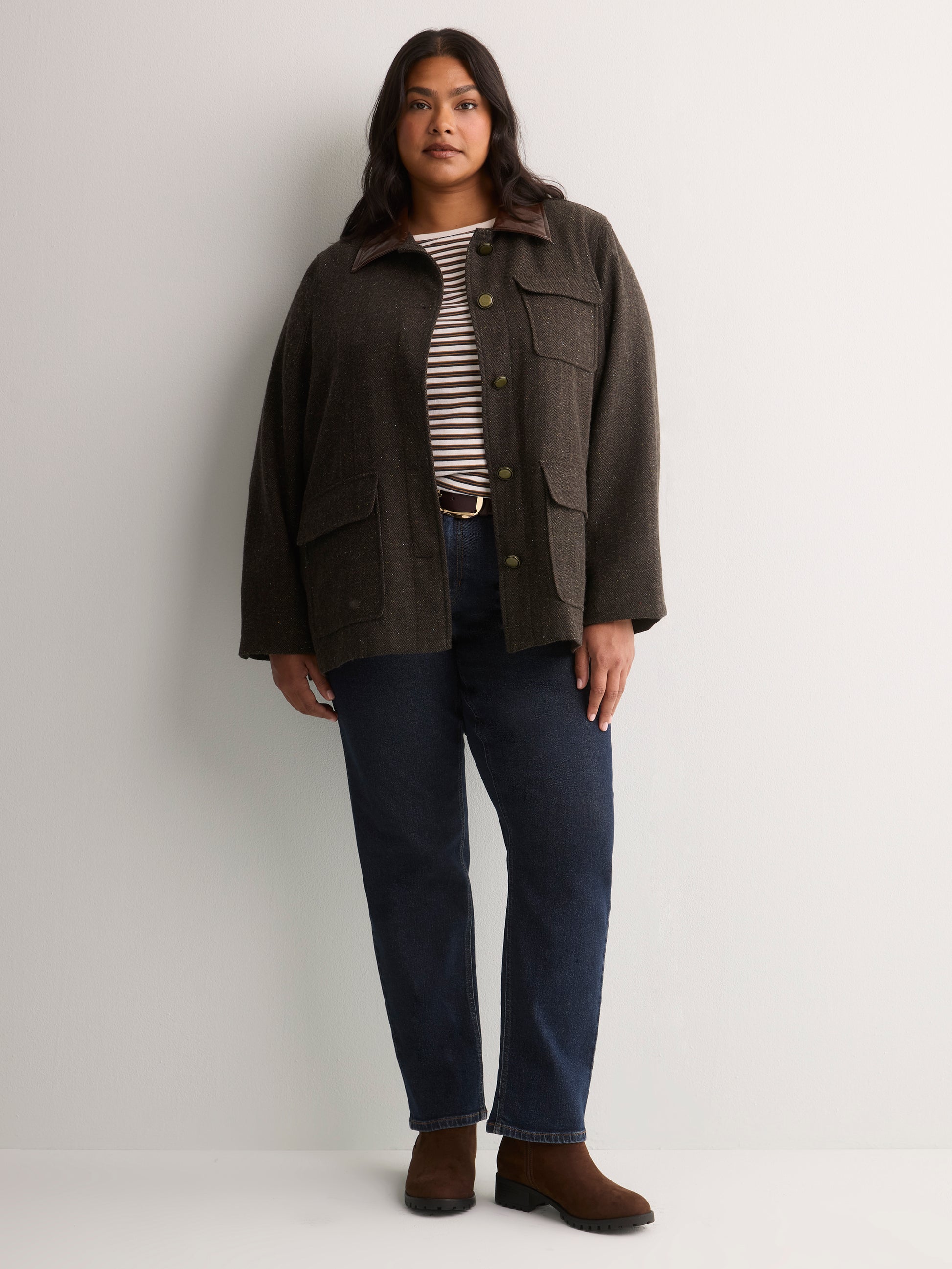 Brown Herringbone Barn Jacket with Faux-Leather Collar