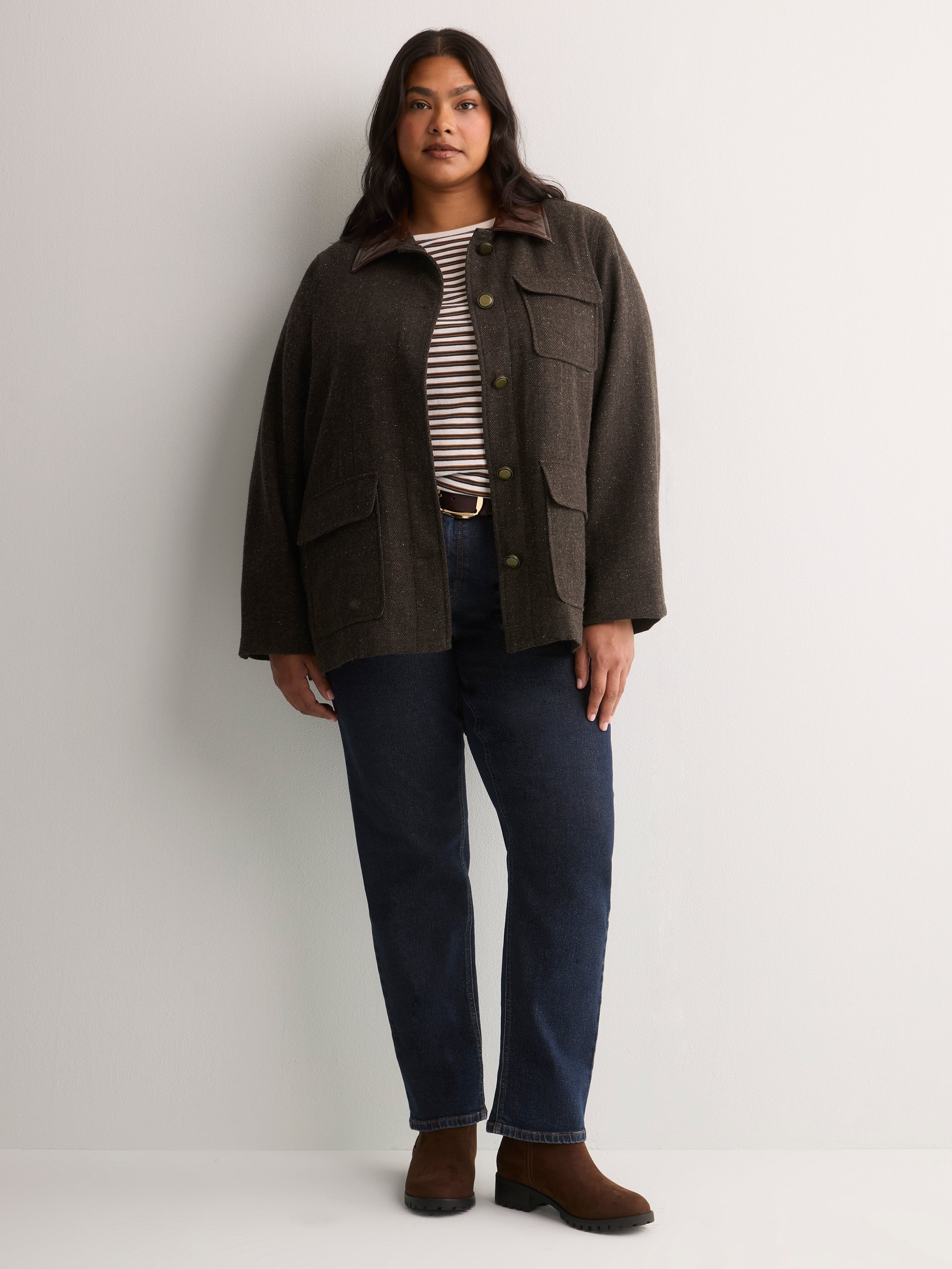 Brown Herringbone Barn Jacket with Faux-Leather Collar