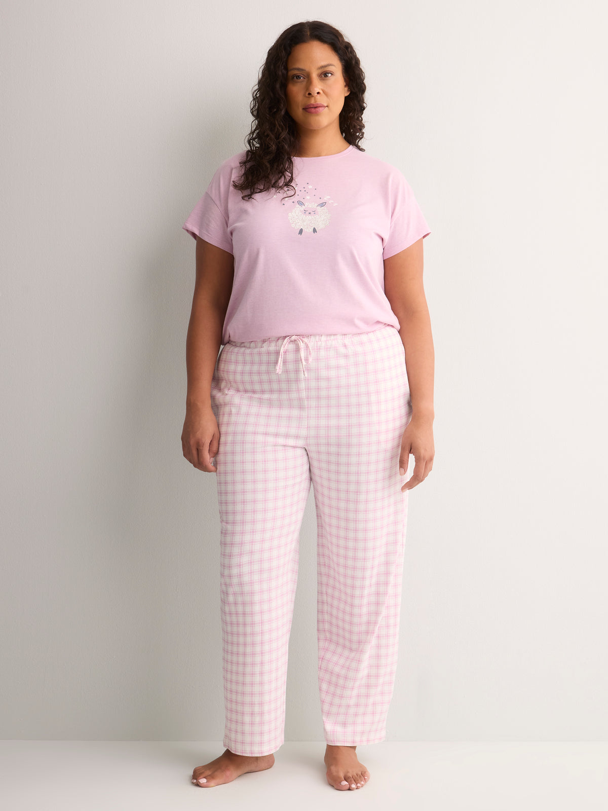 Pink Boxy-Fit Cotton Knit Pyjama Top with Sheep Chest Print - tiVOGLIO