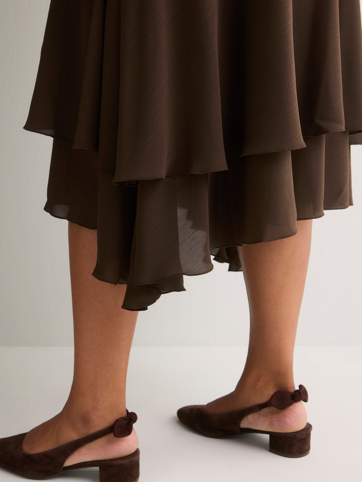 Romantic Brown Chiffon Pull-On Midi Skirt
