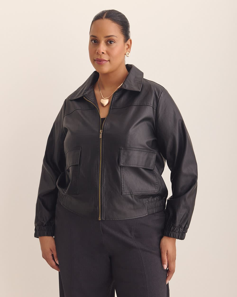 Short Faux Leather Bomber Jacket