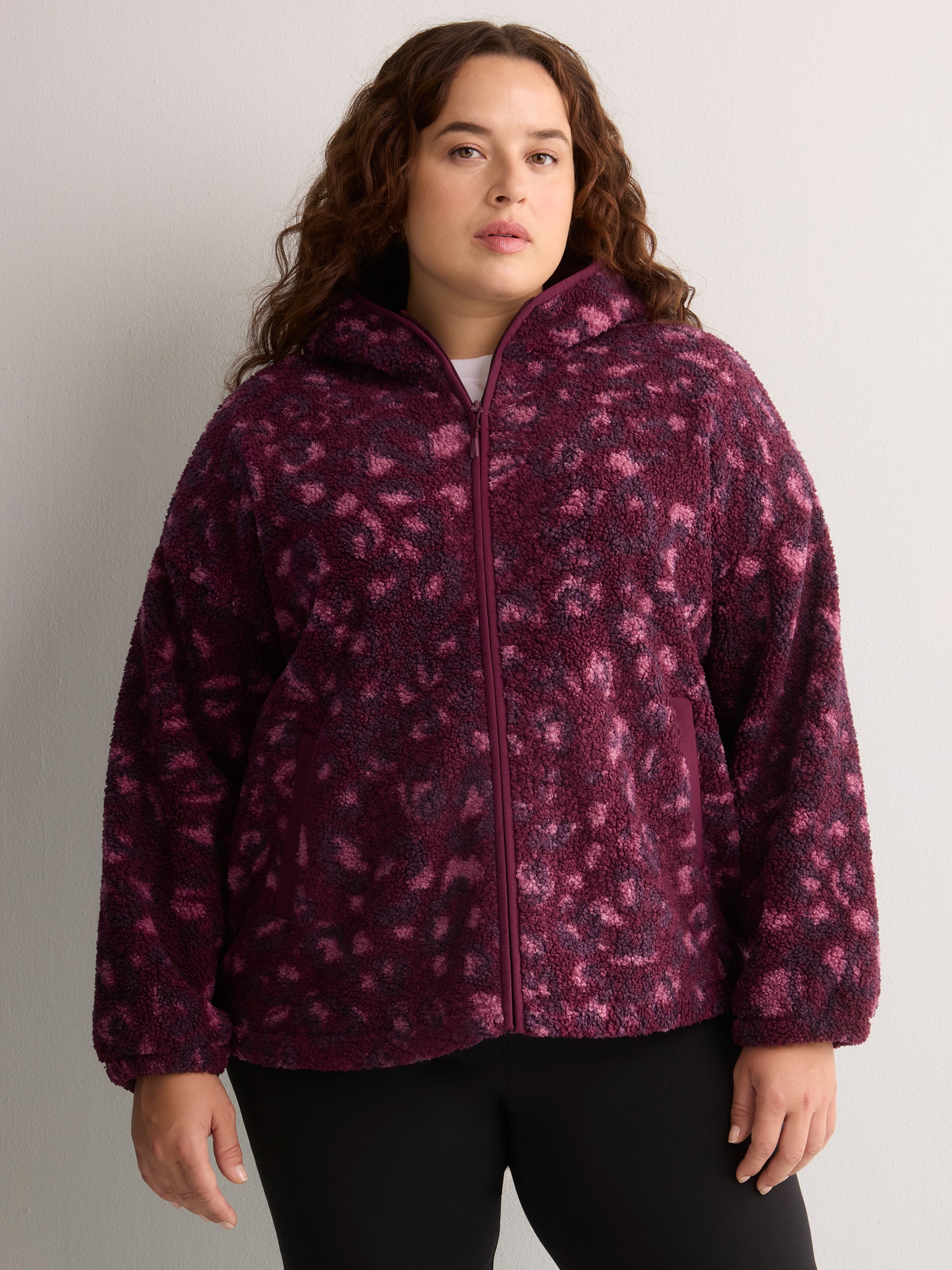 Hooded Red Leopard-Print Sherpa Zippered Jacket - Active Zone