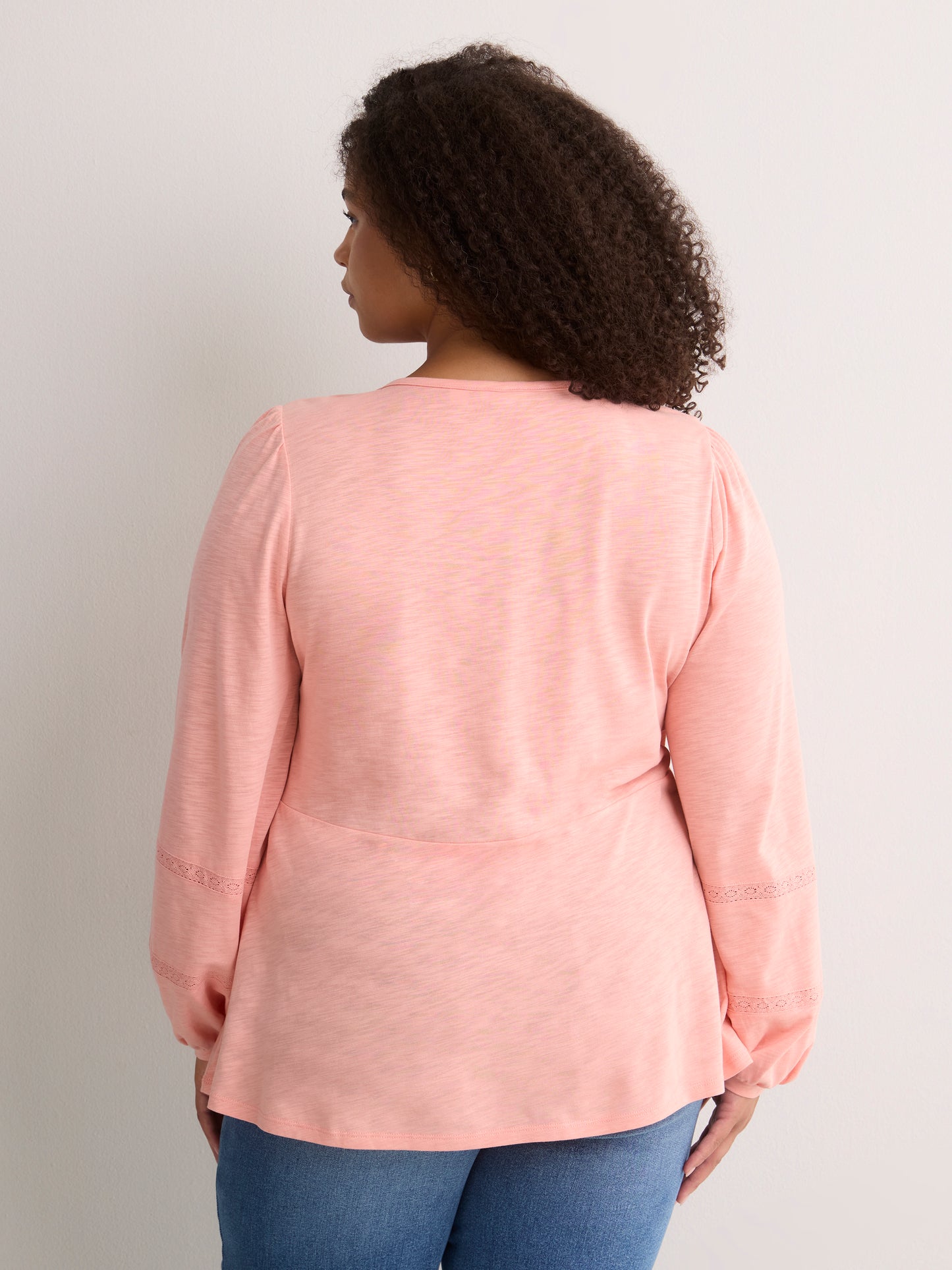 Slight Swing V-Neck Blouse with Crochet Tape