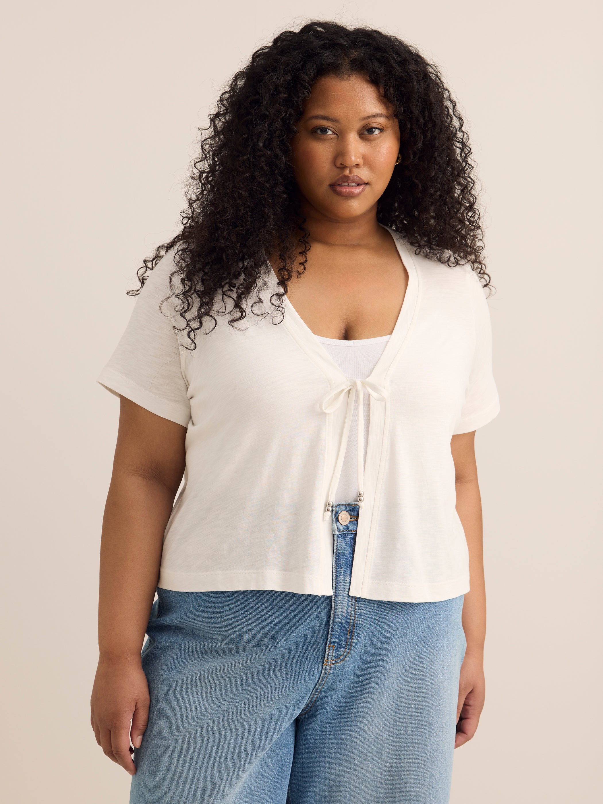 Tie-Front Short-Sleeve Cardigan