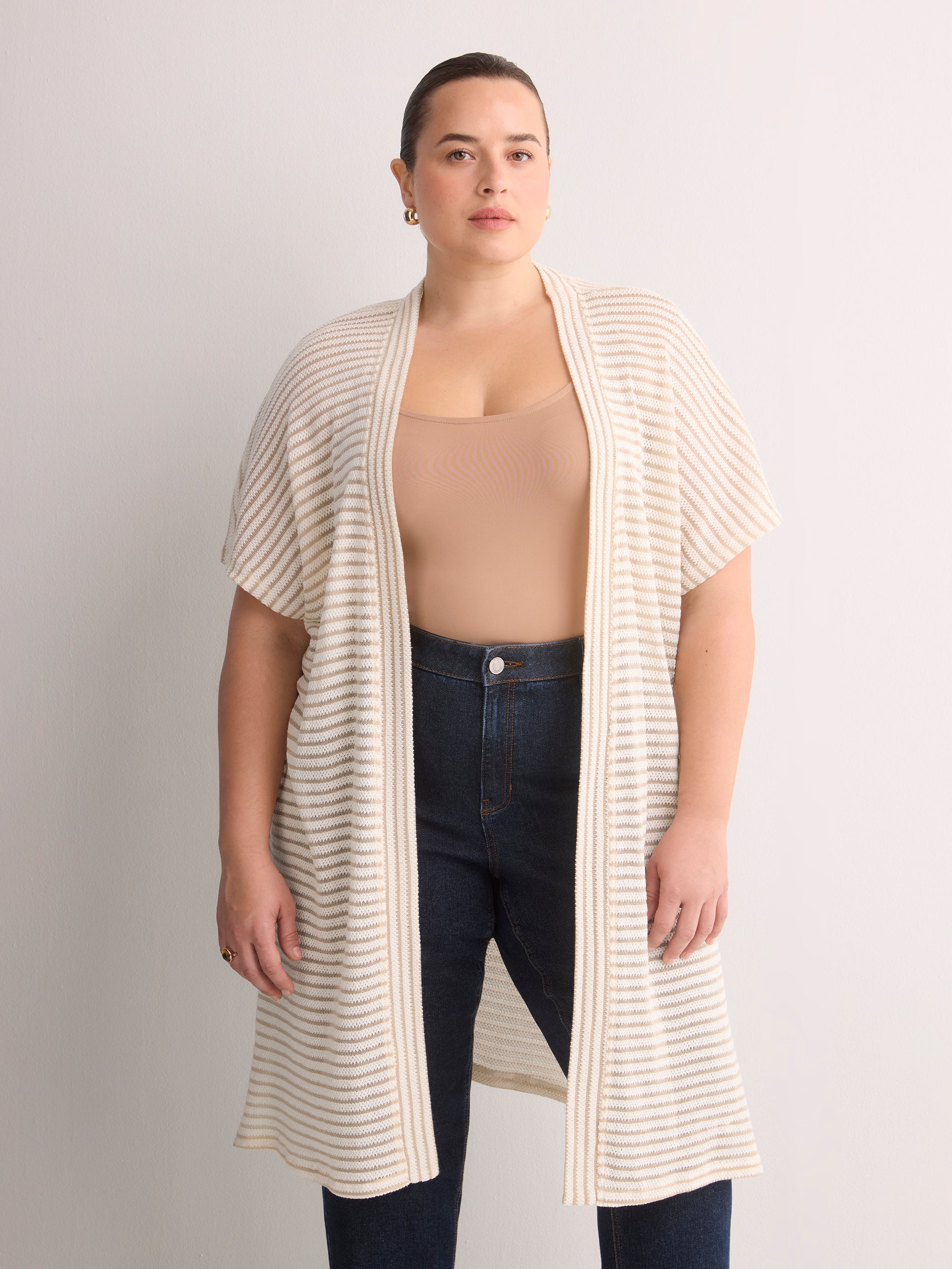 Relaxed-Fit Short-Sleeve Crochet Tunic Cardigan