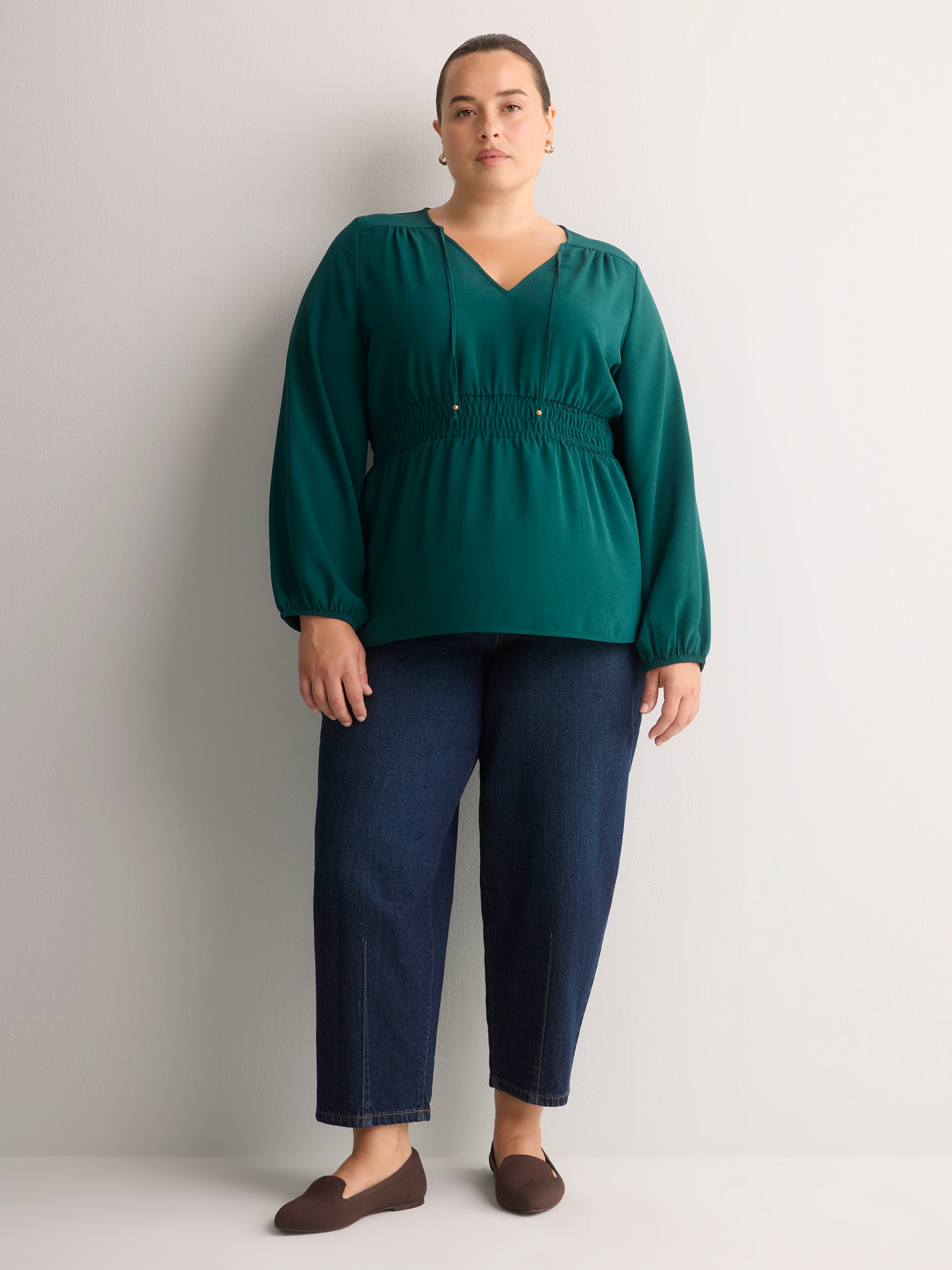 V-Neck Long-Sleeve Elastic-Waist Woven Blouse