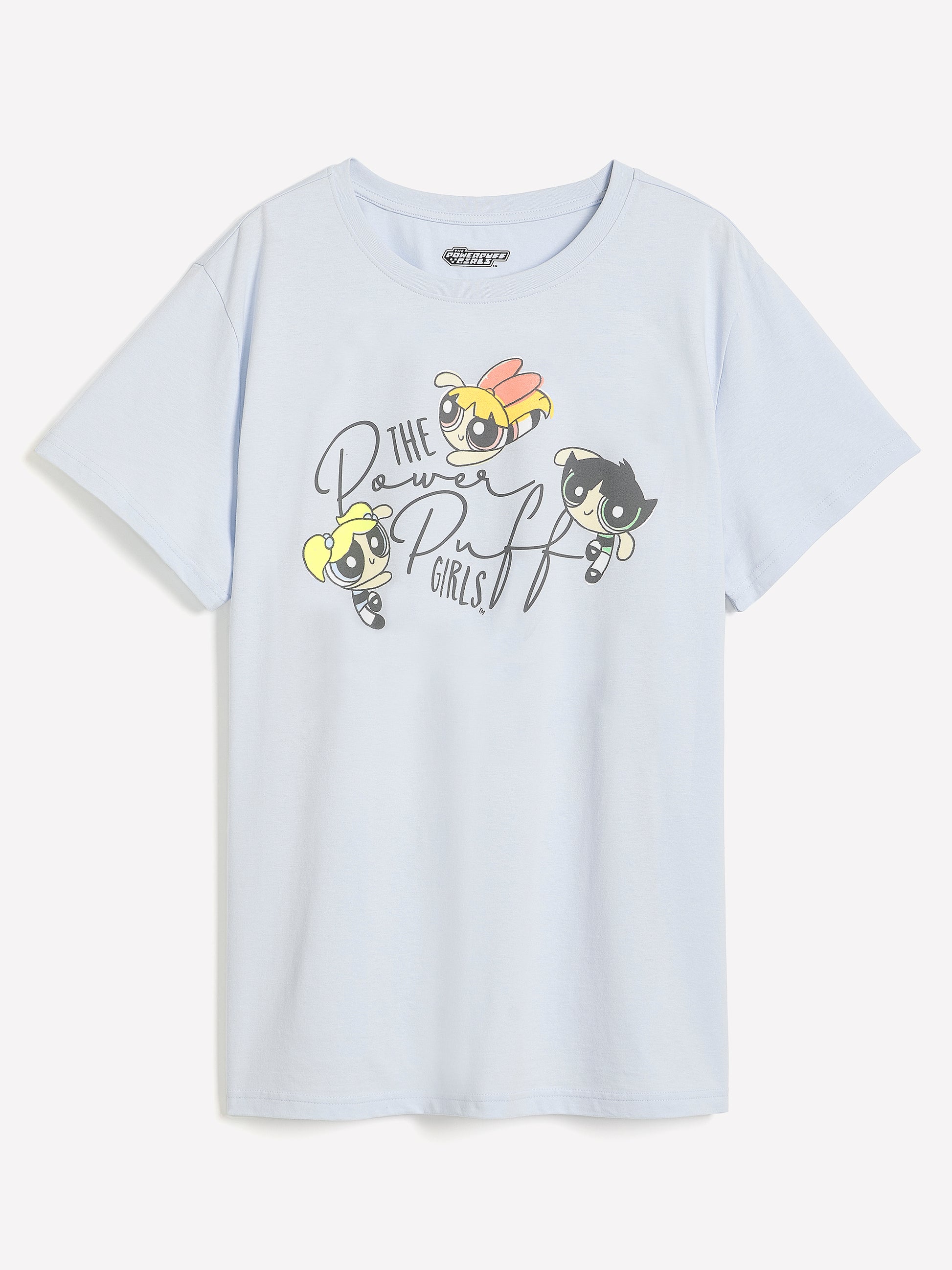 Blue Short-Sleeve Crew-Neck Tee with Power Puff Girls Print