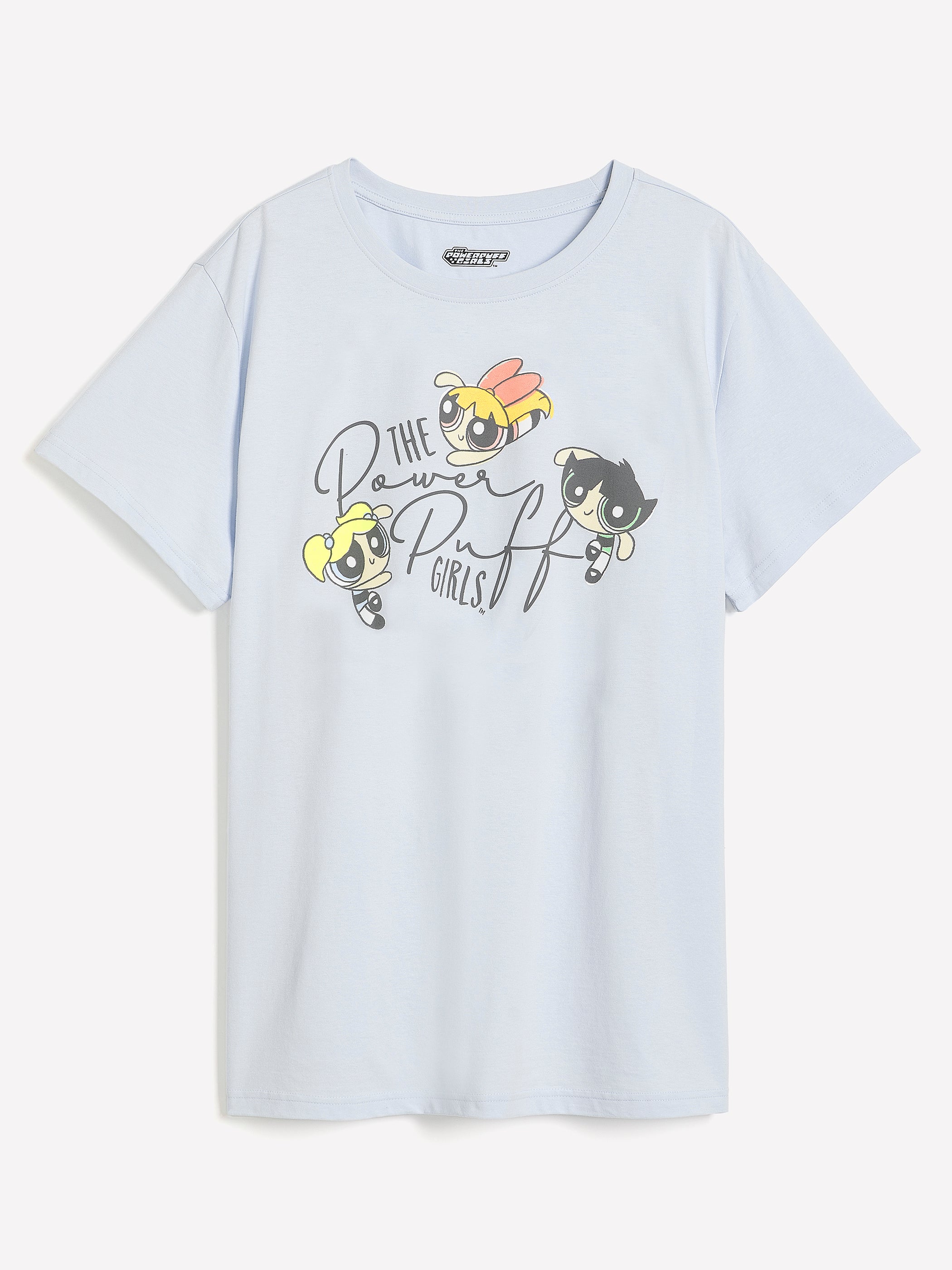 Blue Short-Sleeve Crew-Neck Tee with Power Puff Girls Print