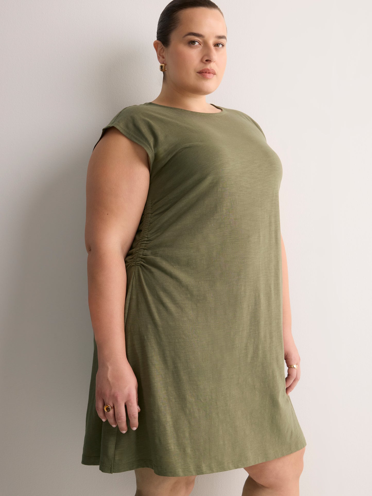 Crew-Neck Extended-Sleeve Knit Dress with Side Shirring