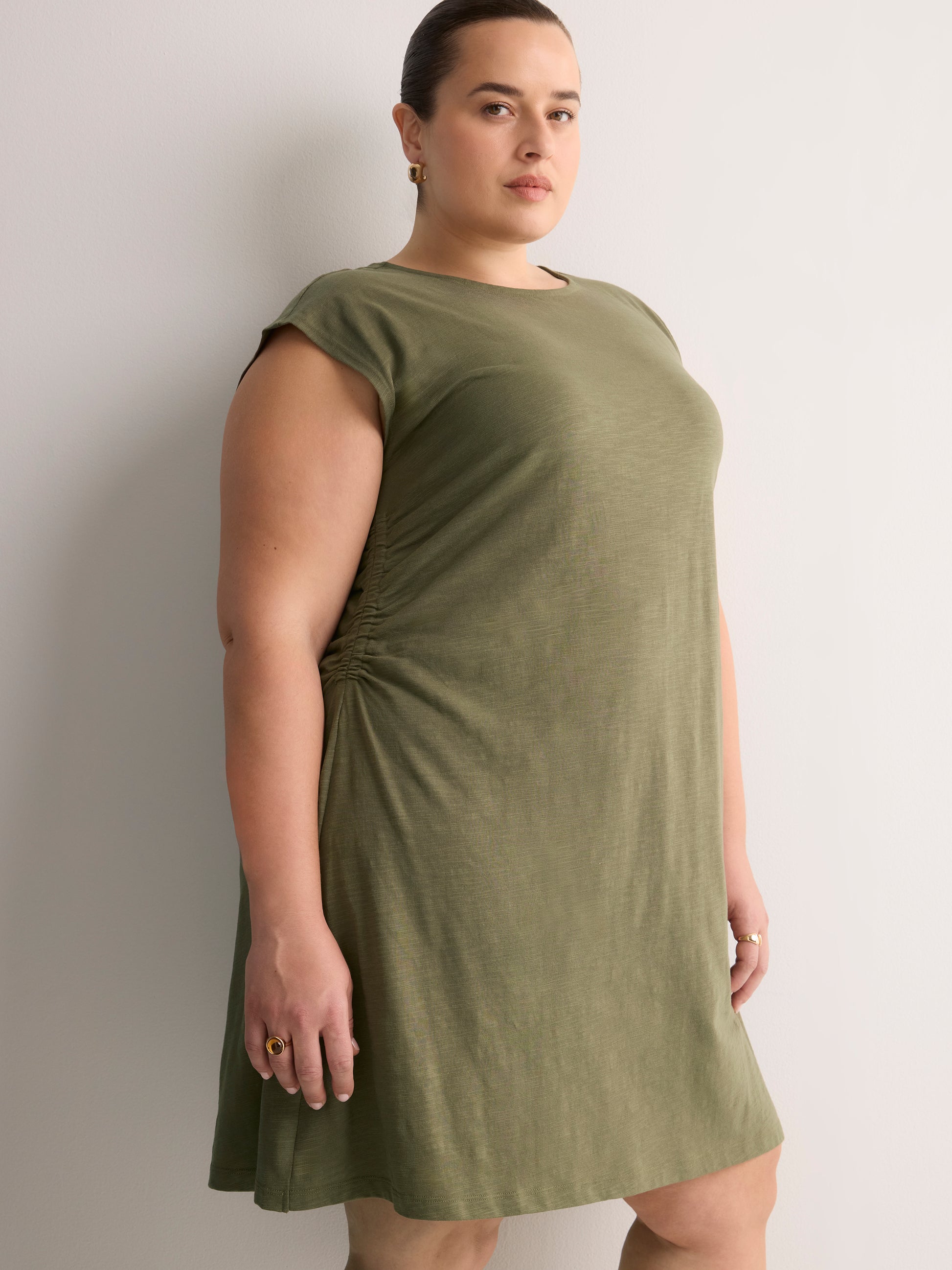 Crew-Neck Extended-Sleeve Knit Dress with Side Shirring