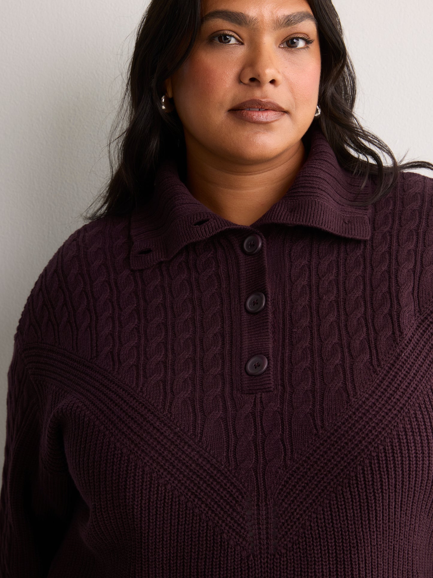 Loose Half-Placket Cable Knit Sweater