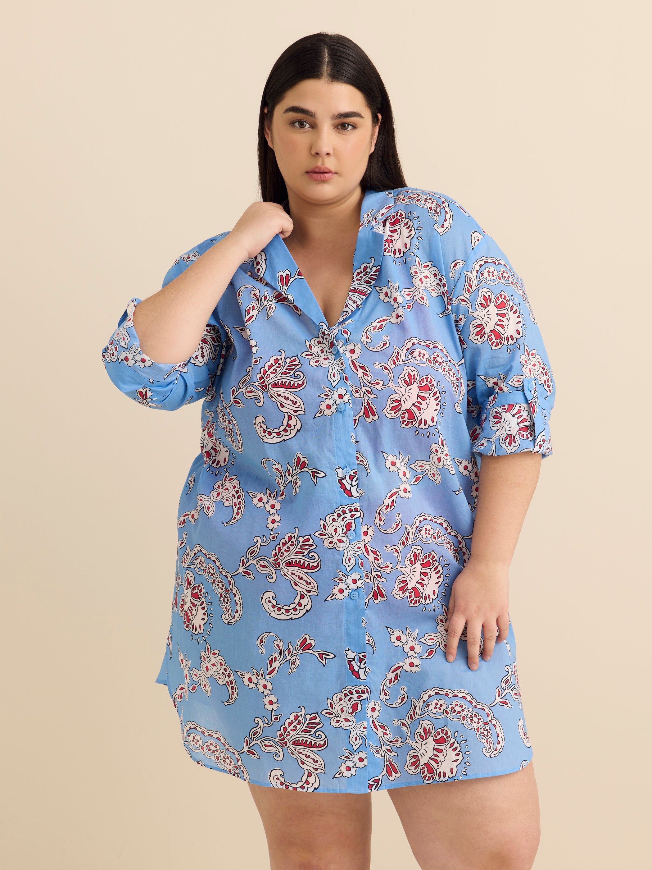 Blue Paisley-Print Buttoned-Down Cover-Up Tunic Shirt