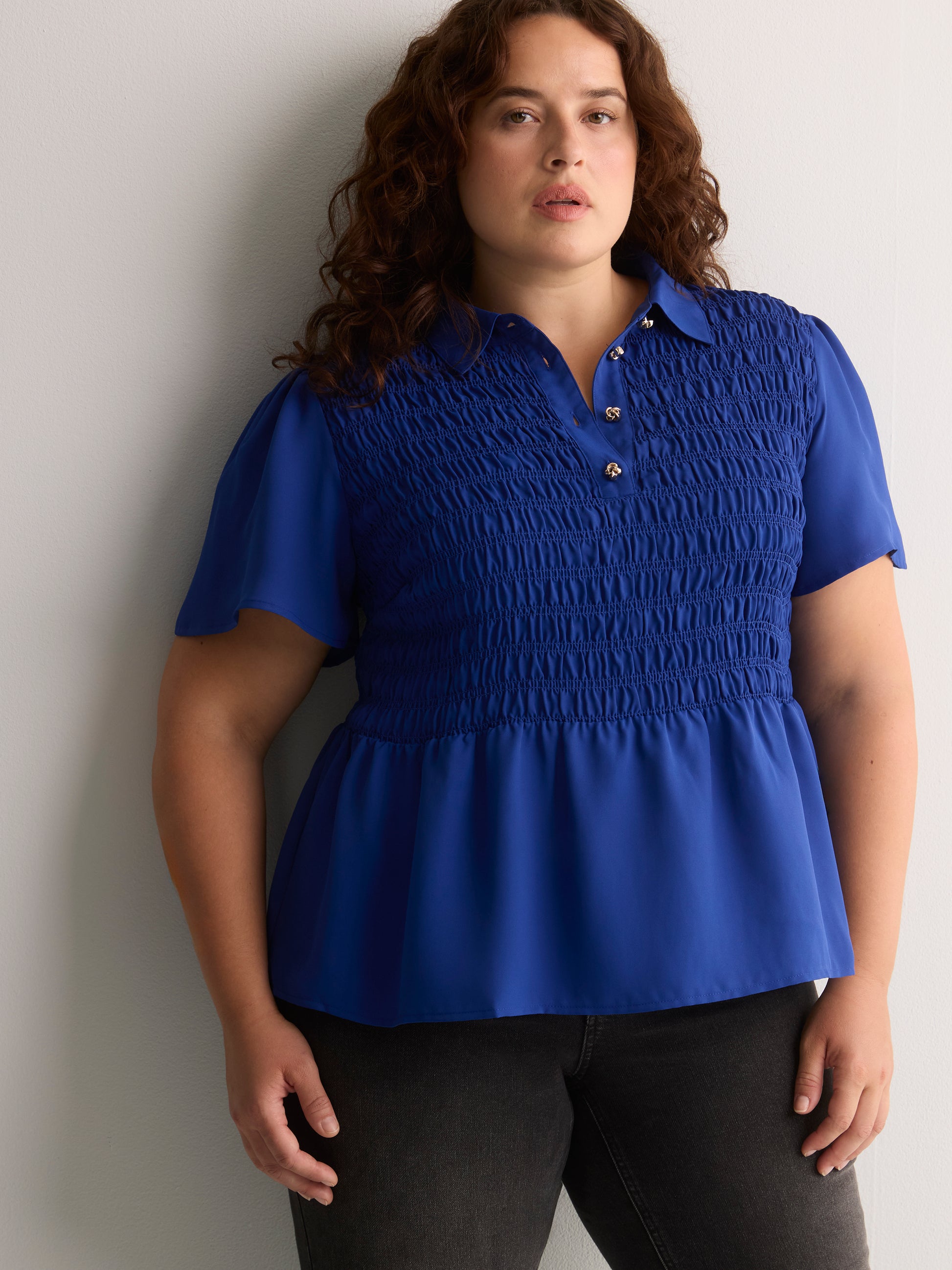 Responsible, Smocking Fit-and-Flare Shirt-Collar Blouse