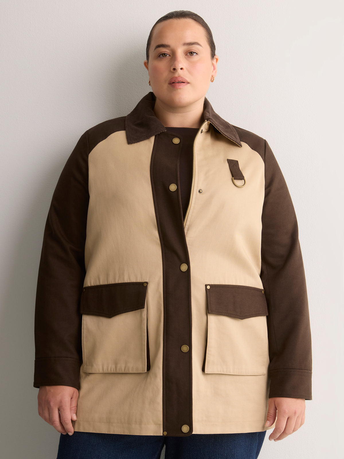 Long Two-Tone Barn Jacket with Corduroy Collar