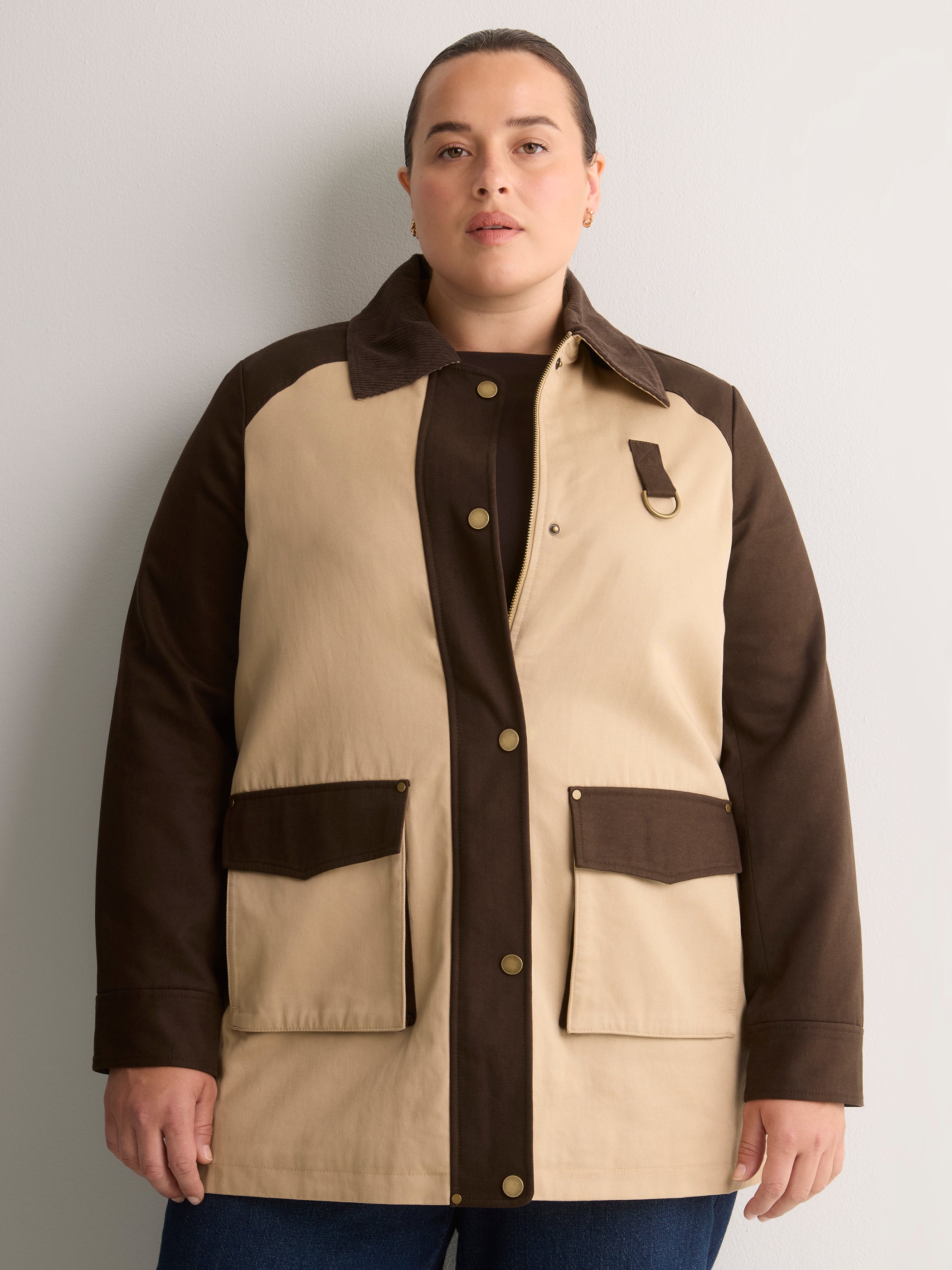 Long Two-Tone Barn Jacket with Corduroy Collar