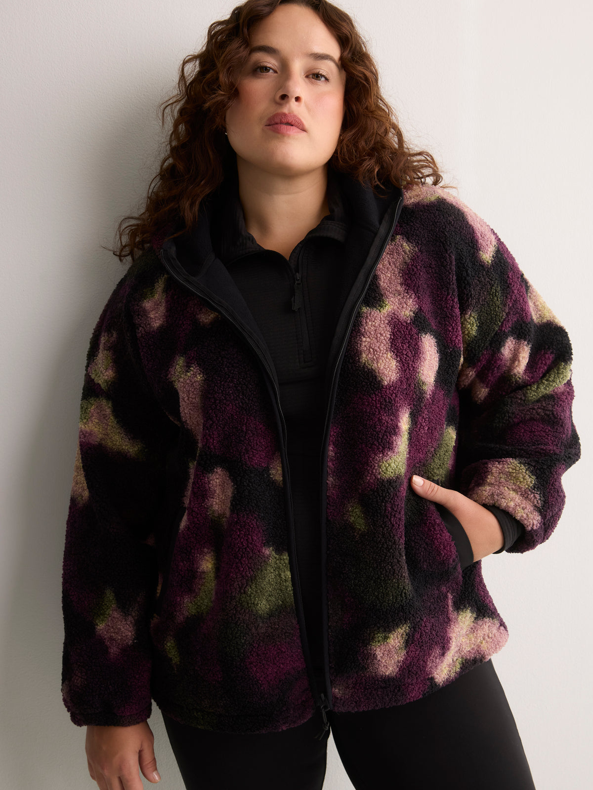 Hooded Printed Sherpa Zippered Jacket - Active Zone