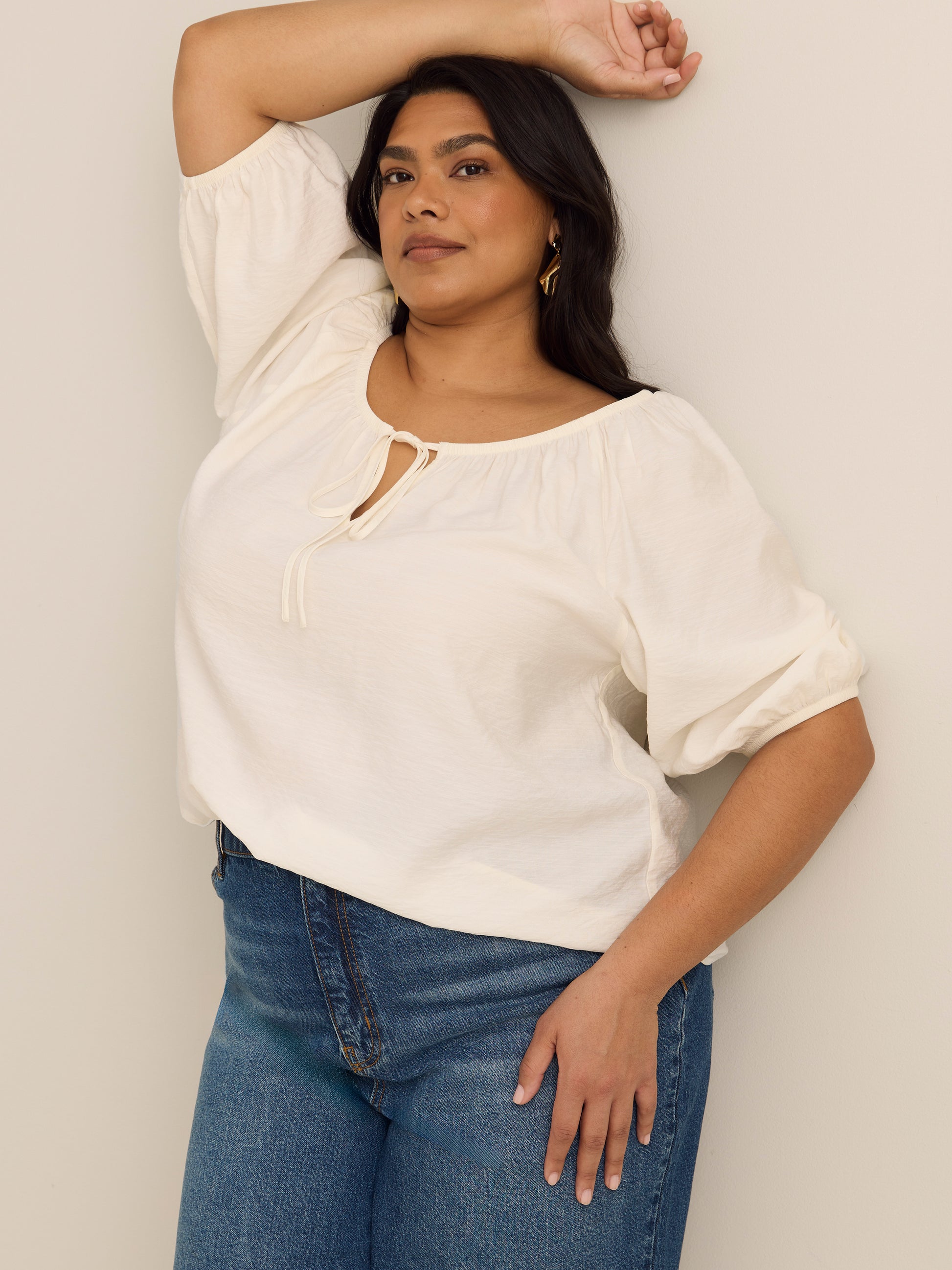 Scoop Neck A-line Blouse with Shirring